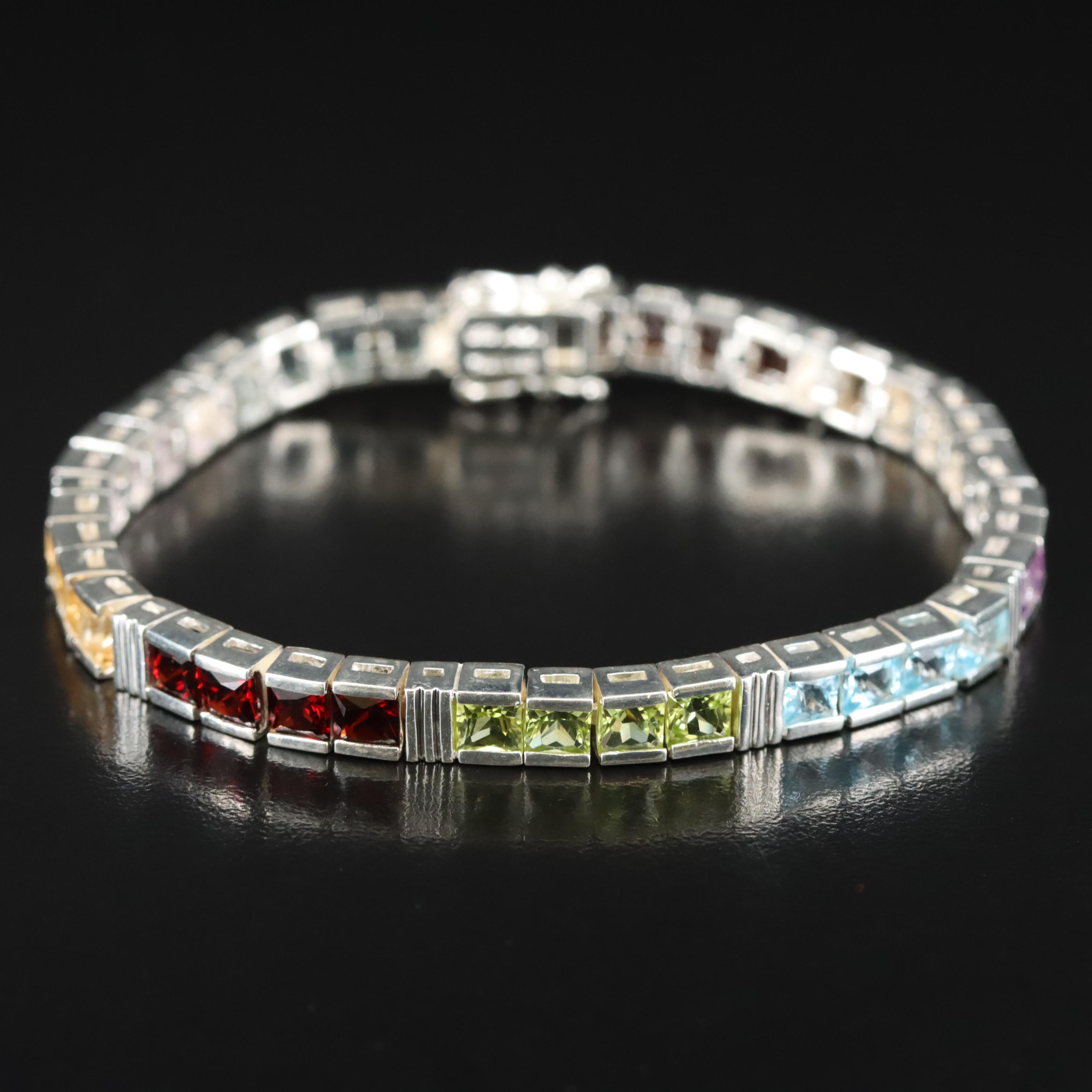 Sterling Multi-Gemstone Line Bracelet Including Amethyst, Citrine and Peridot