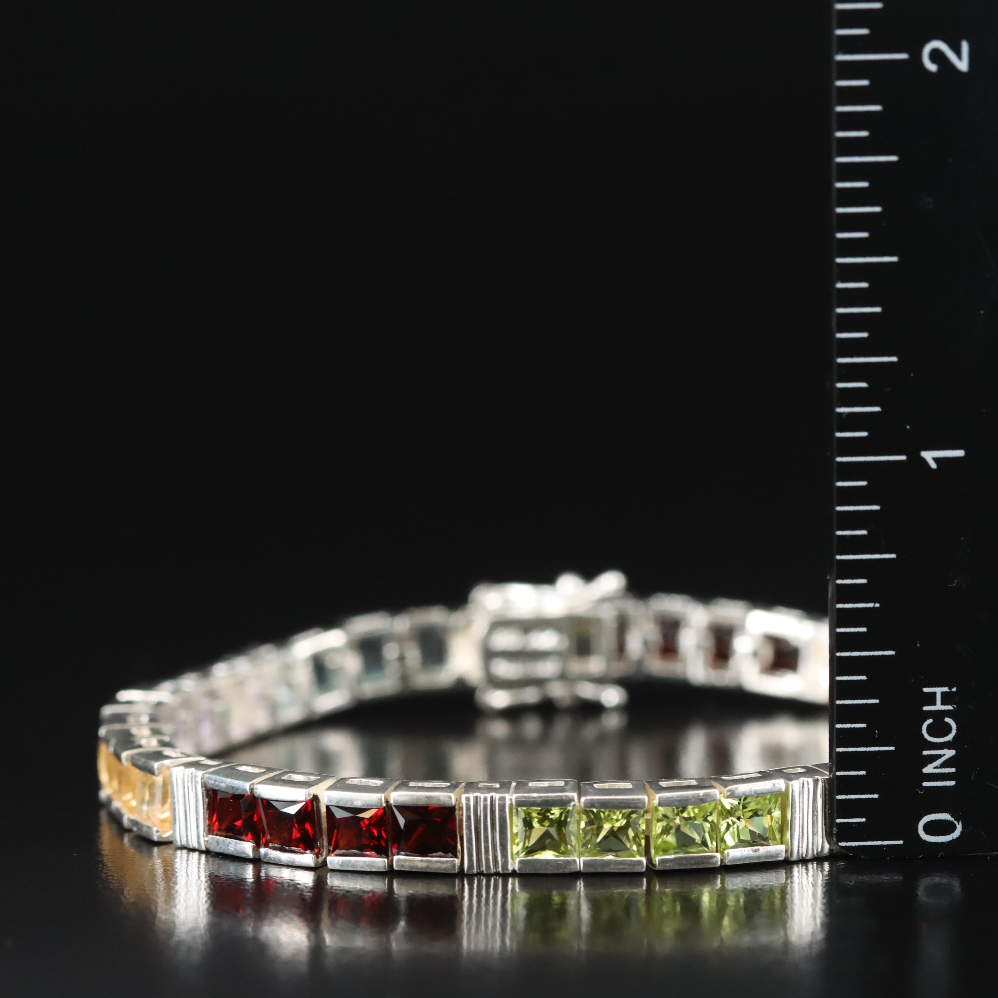 Sterling Multi-Gemstone Line Bracelet Including Amethyst, Citrine and Peridot
