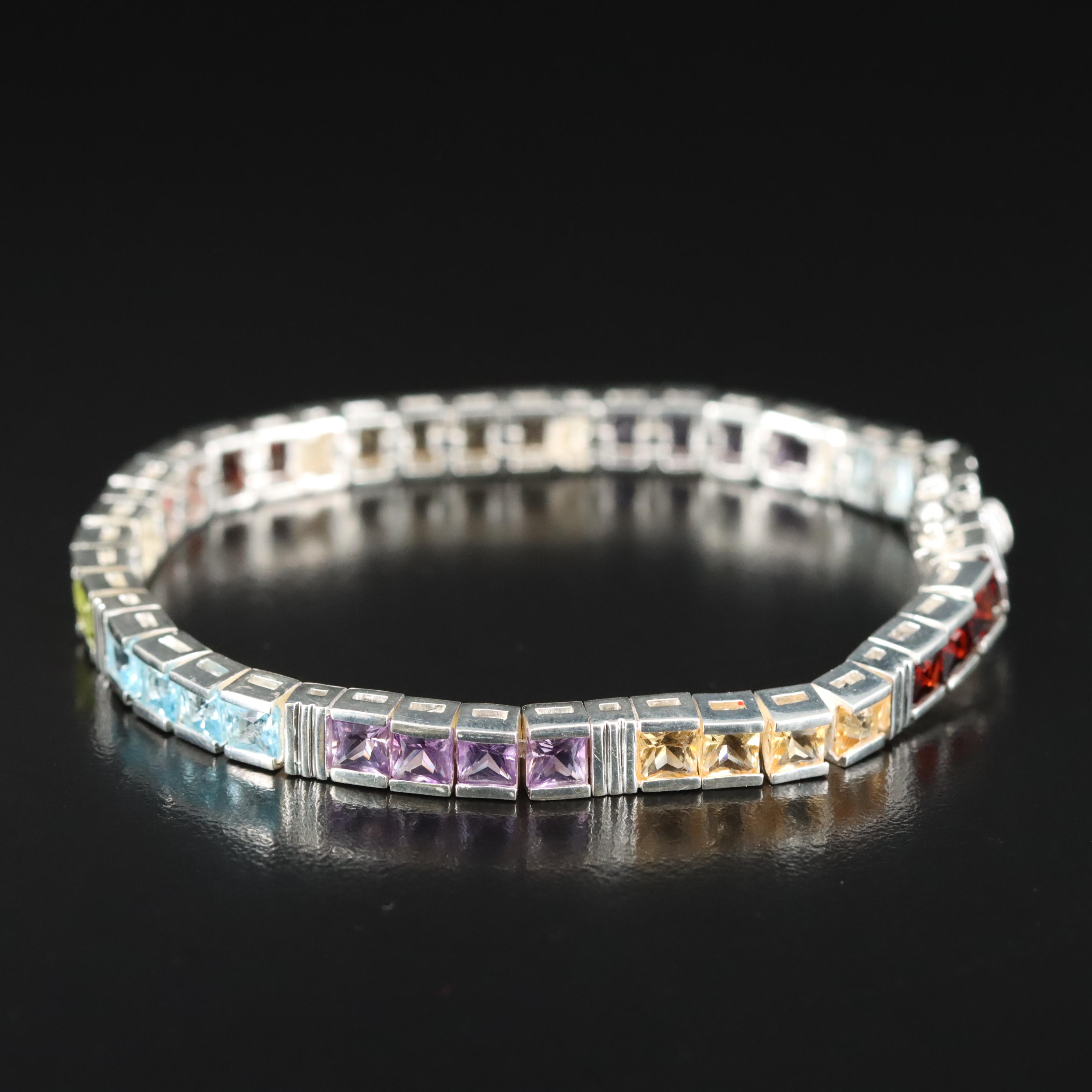 Sterling Multi-Gemstone Line Bracelet Including Amethyst, Citrine and Peridot