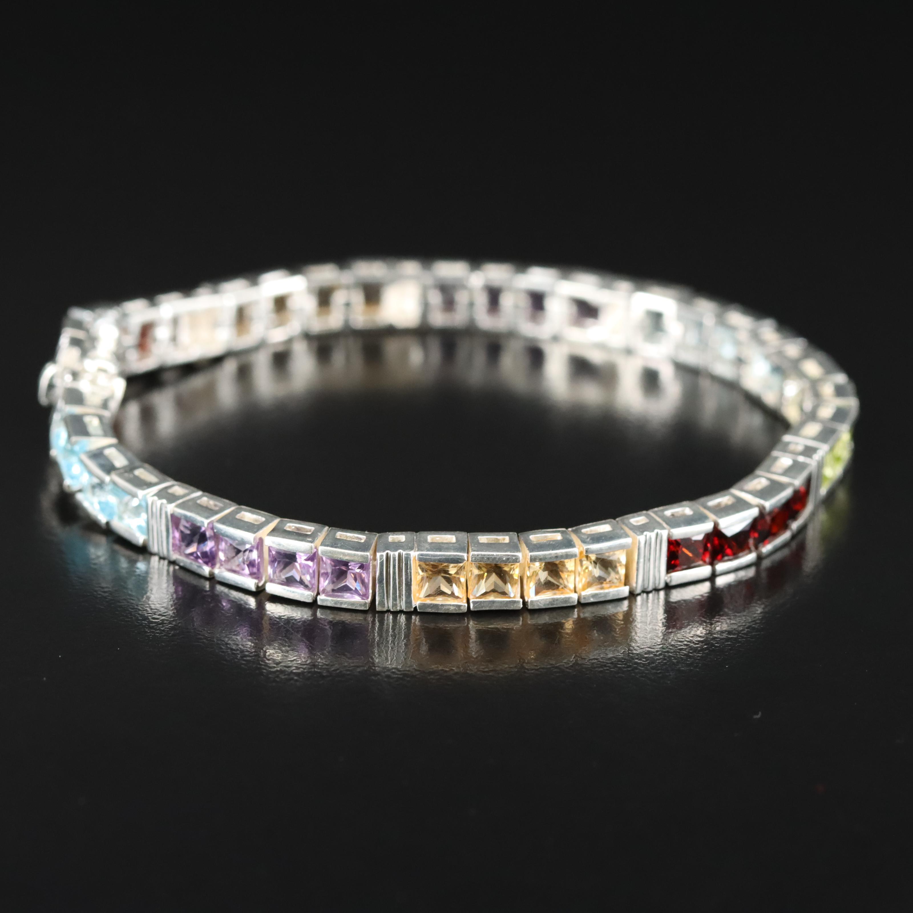 Sterling Multi-Gemstone Line Bracelet Including Amethyst, Citrine and Peridot