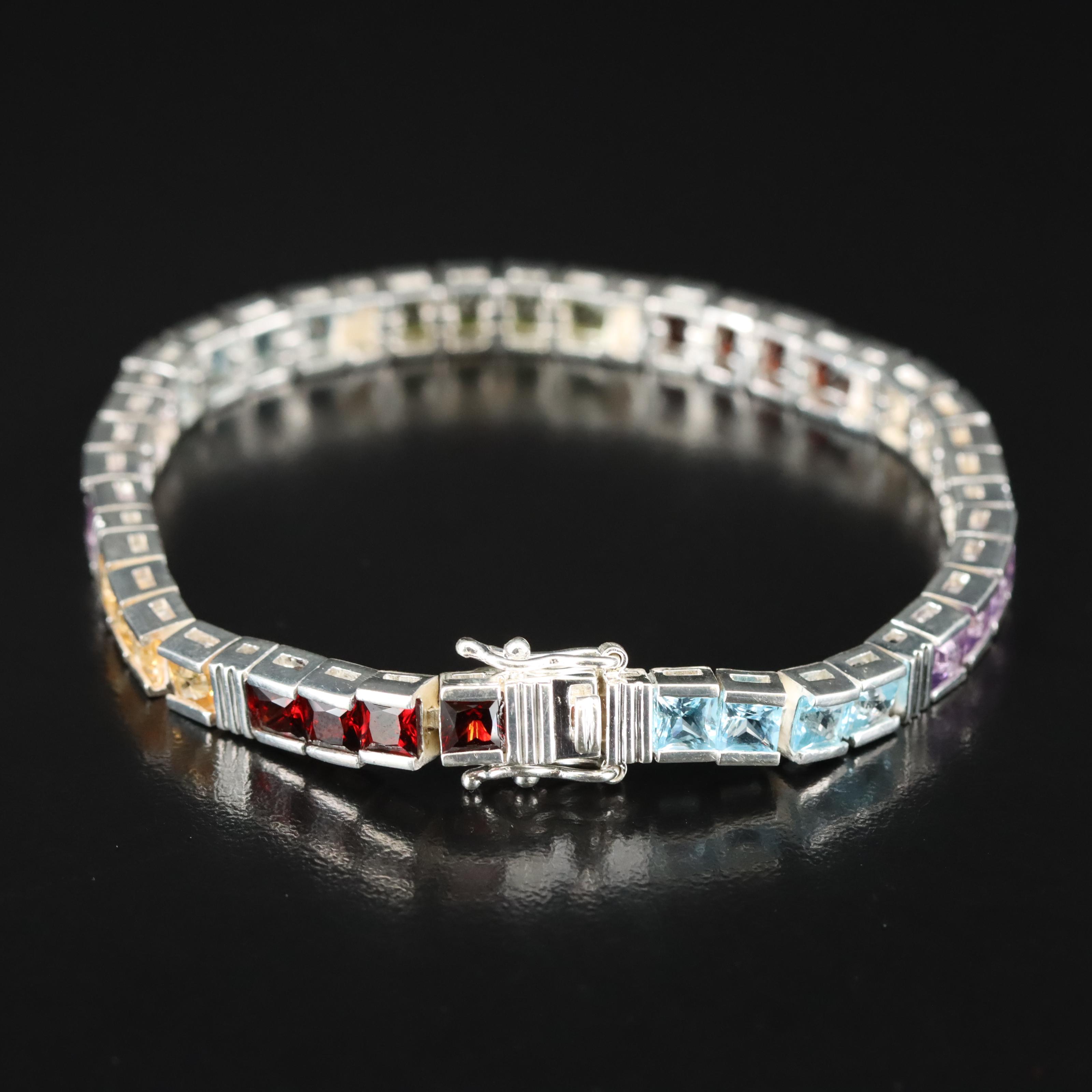 Sterling Multi-Gemstone Line Bracelet Including Amethyst, Citrine and Peridot