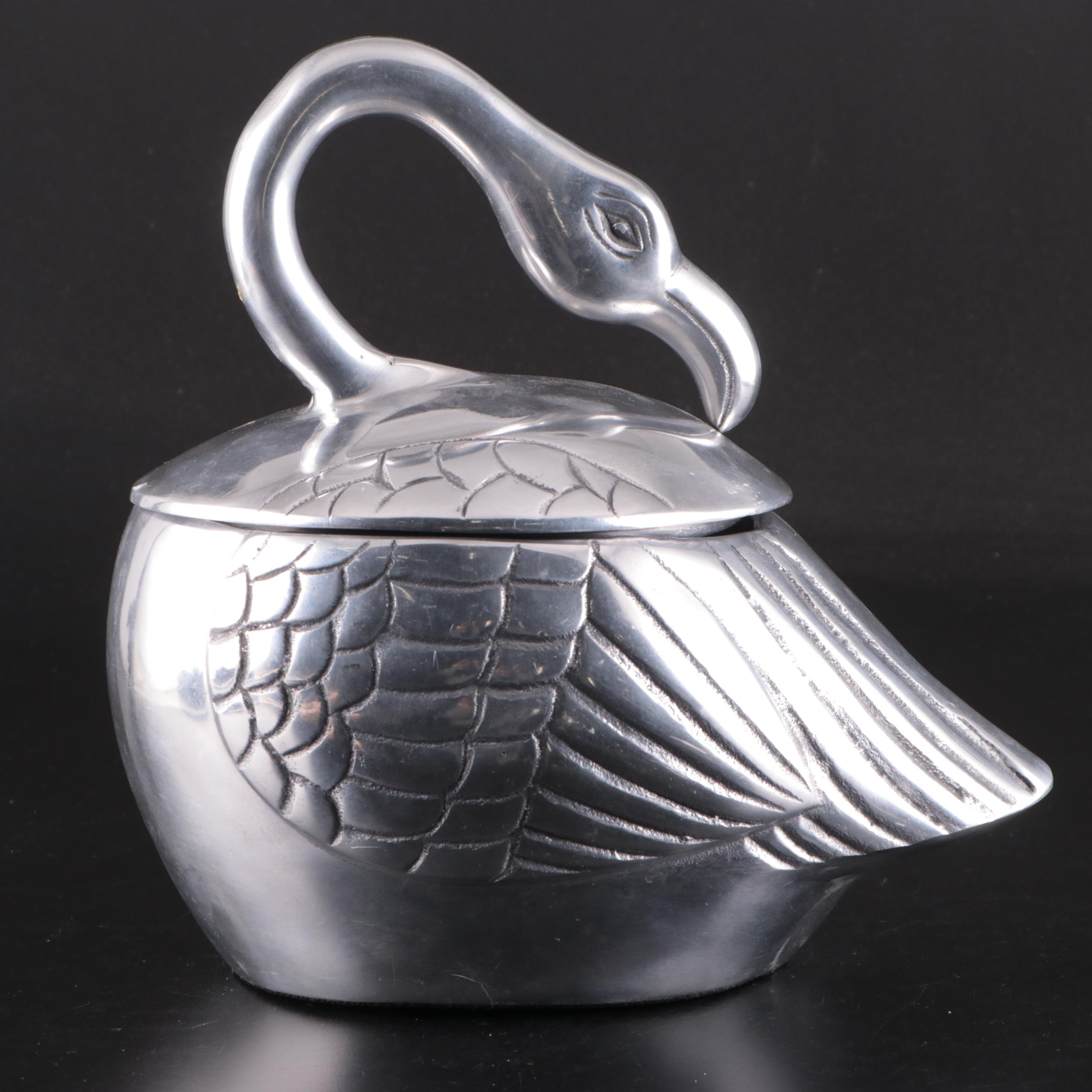 Mid Century Modern Style Cast Silver Tone Metal Flamingo Shaped  Jar