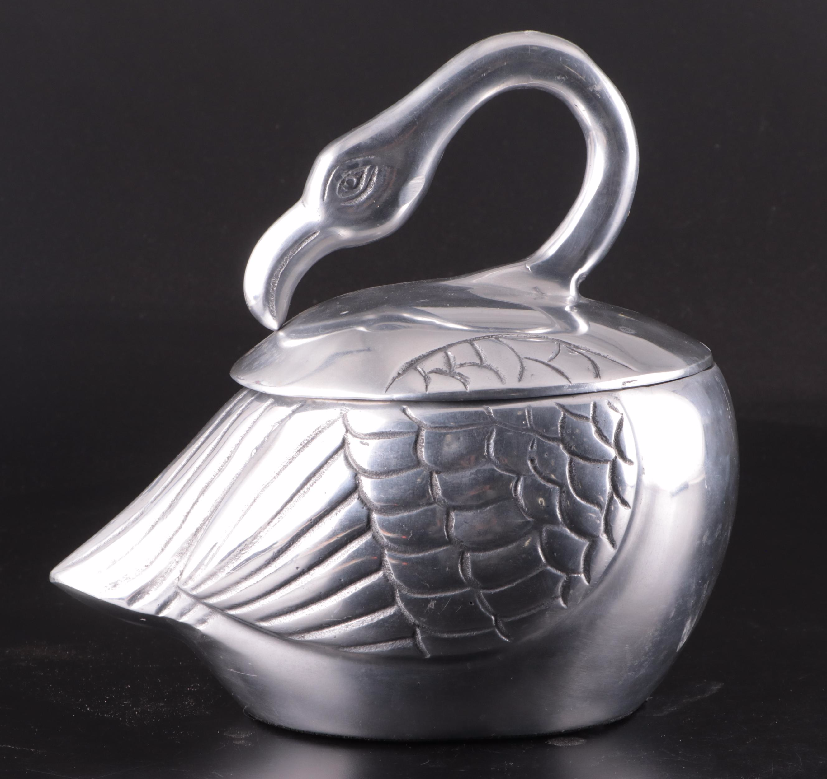 Mid Century Modern Style Cast Silver Tone Metal Flamingo Shaped  Jar