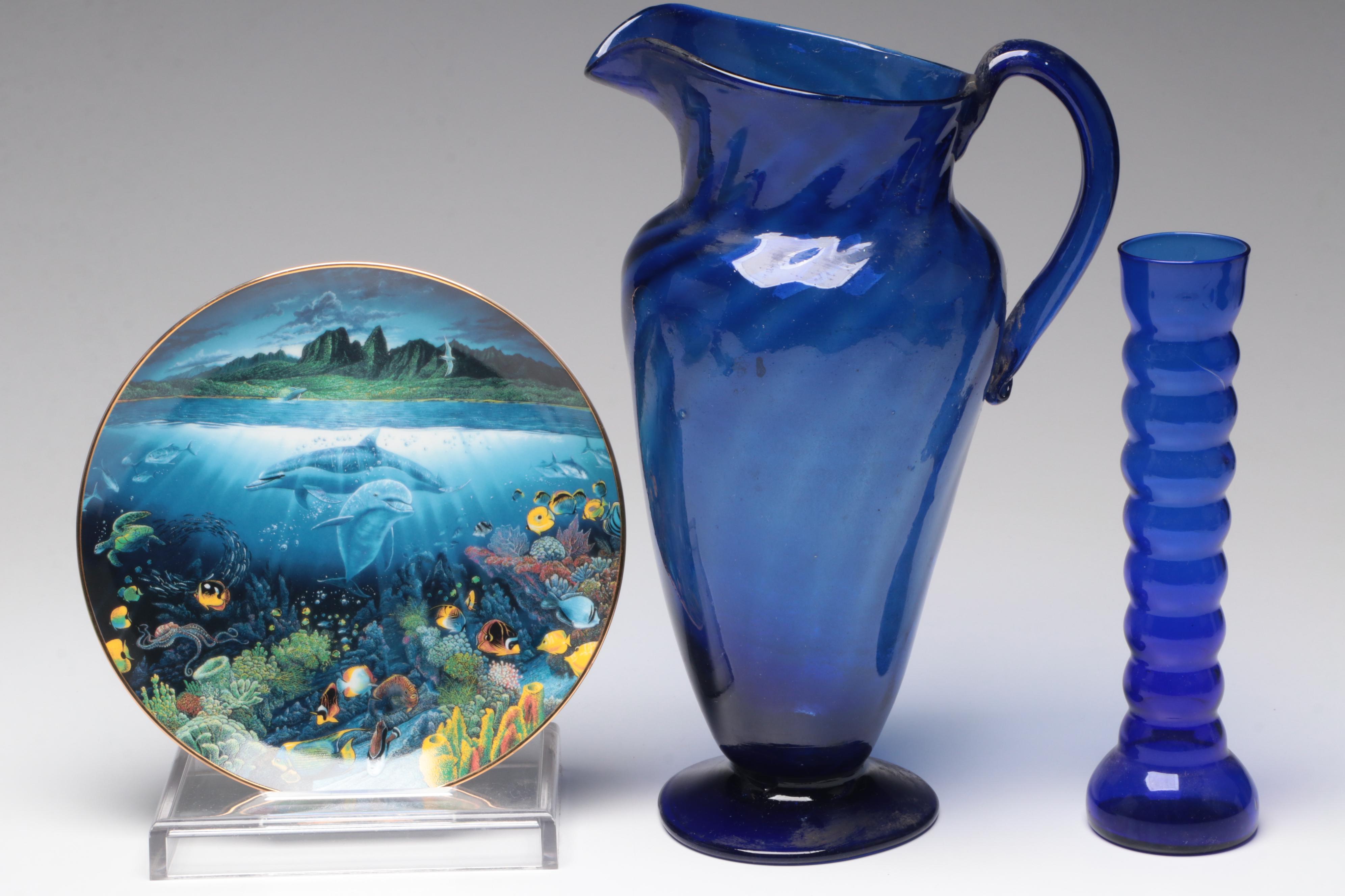 Uranium Glass Bowl with Other Vases, Pitcher, Candle Holder and Plate