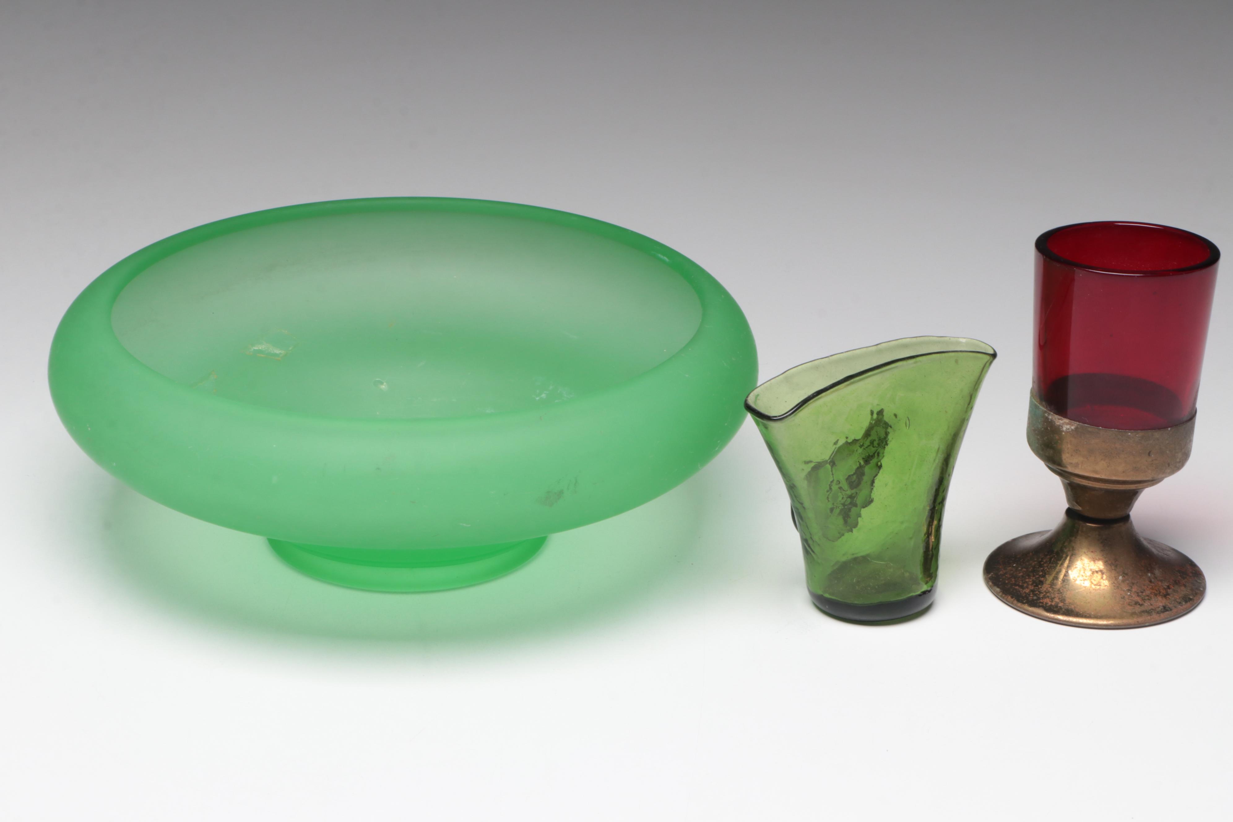 Uranium Glass Bowl with Other Vases, Pitcher, Candle Holder and Plate