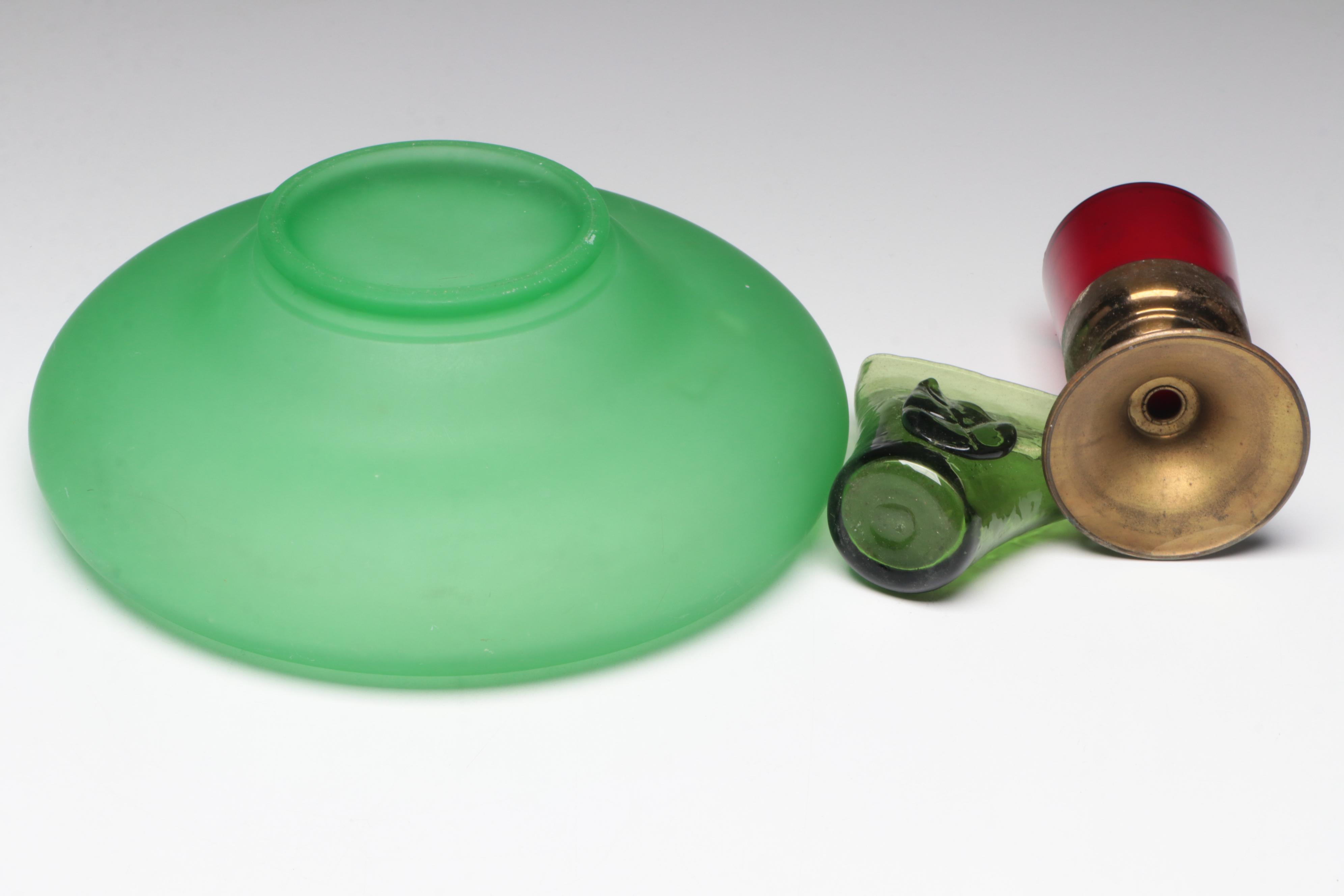 Uranium Glass Bowl with Other Vases, Pitcher, Candle Holder and Plate