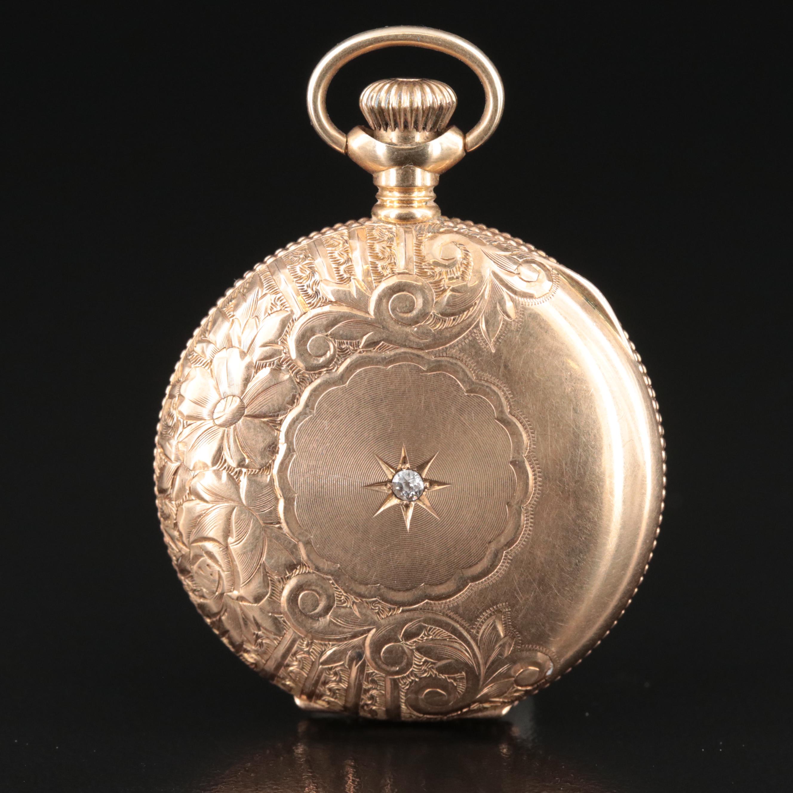 14K Elgin Diamond Hunting Case Pocket Watch