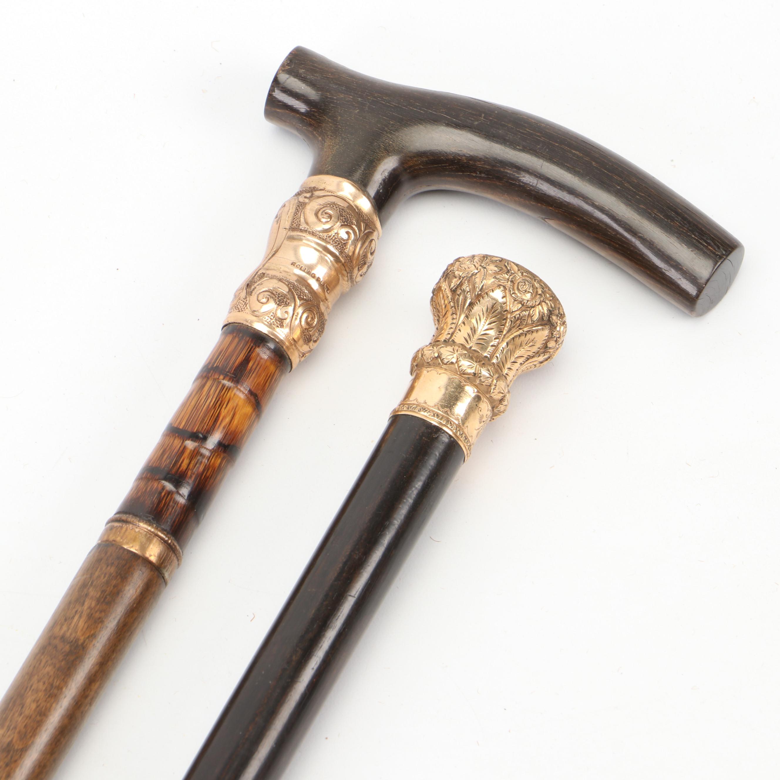 Late Victorian Canes with Gold-Plated Knob and Ferrule