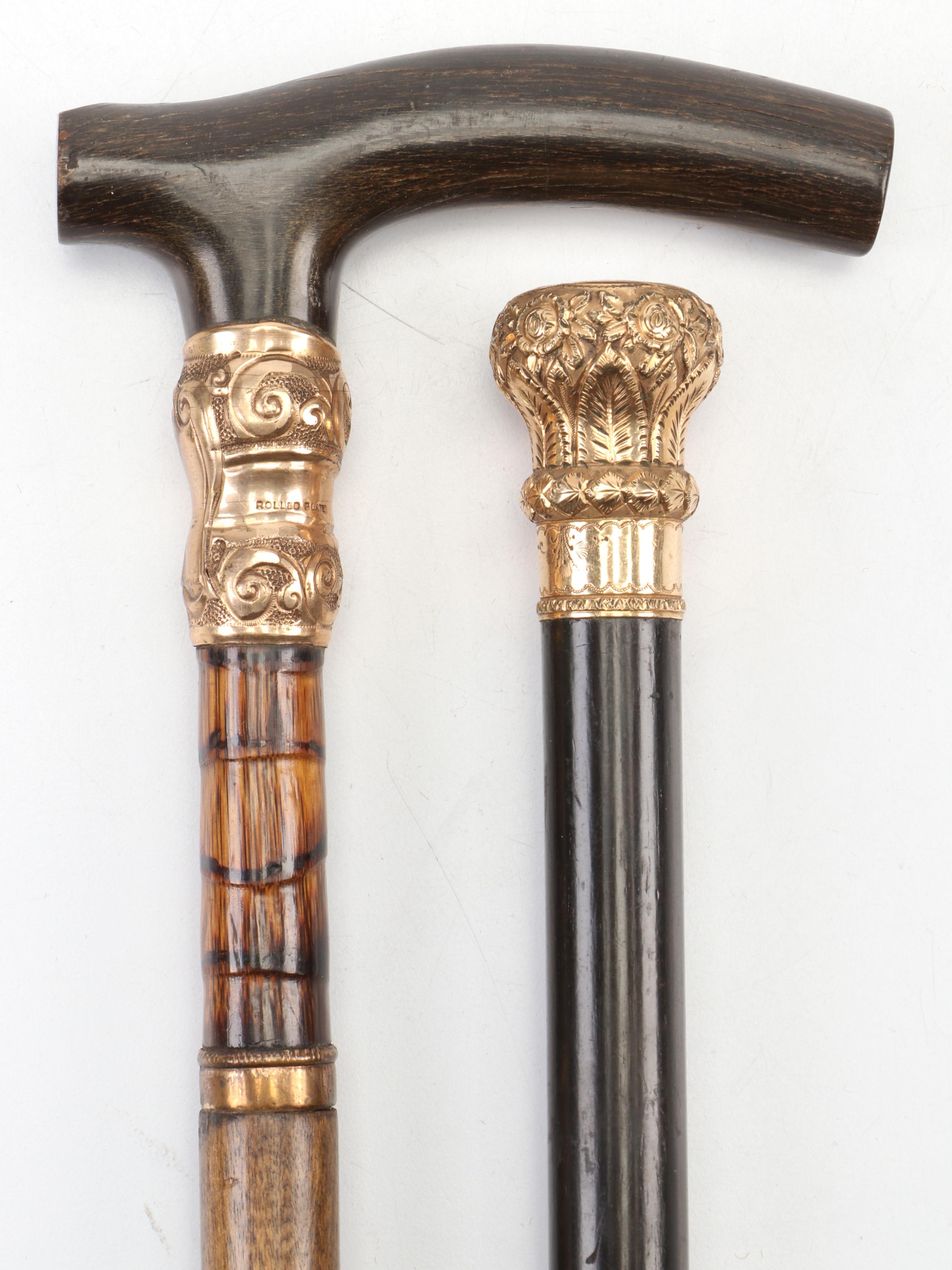 Late Victorian Canes with Gold-Plated Knob and Ferrule