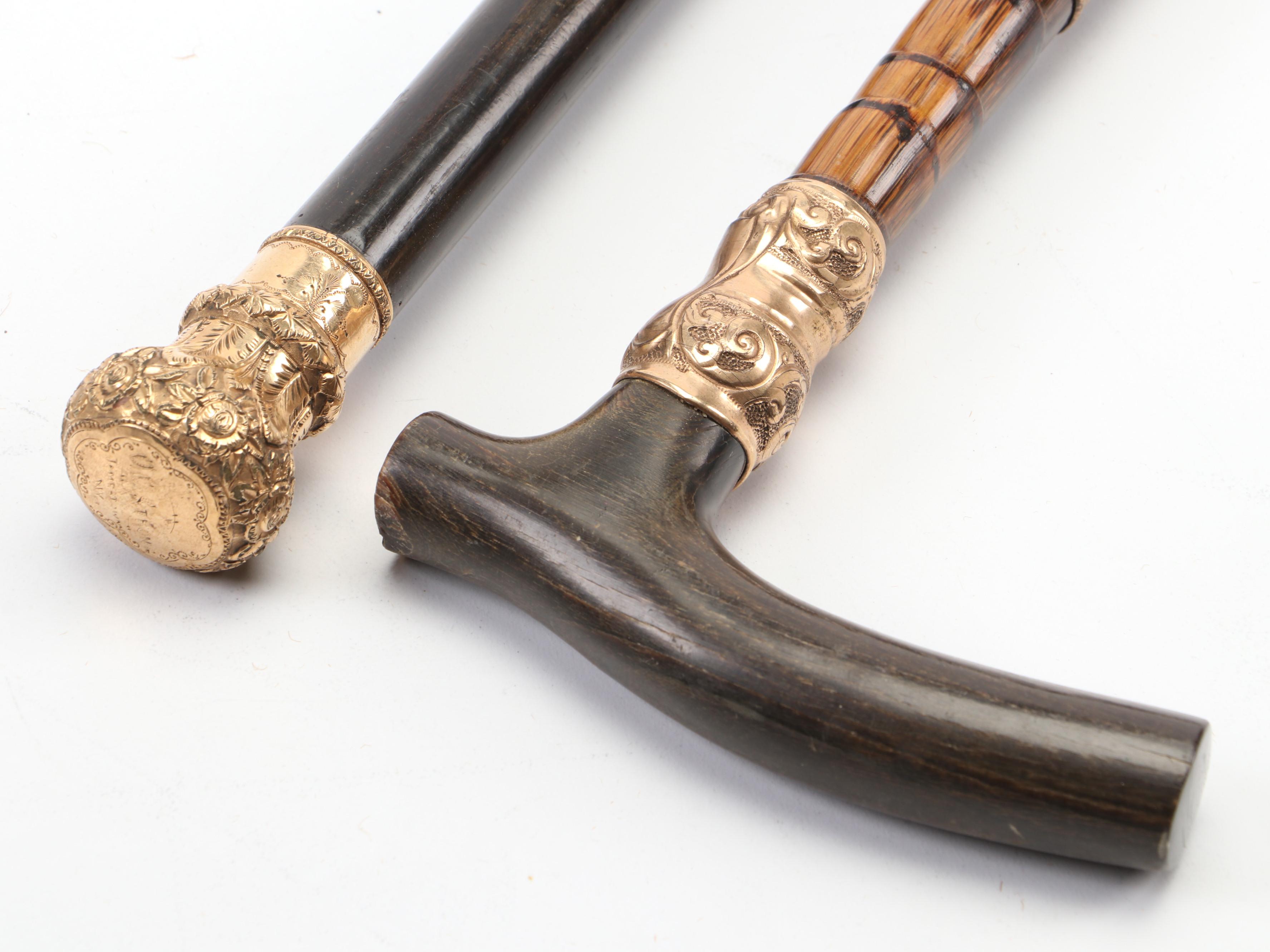 Late Victorian Canes with Gold-Plated Knob and Ferrule