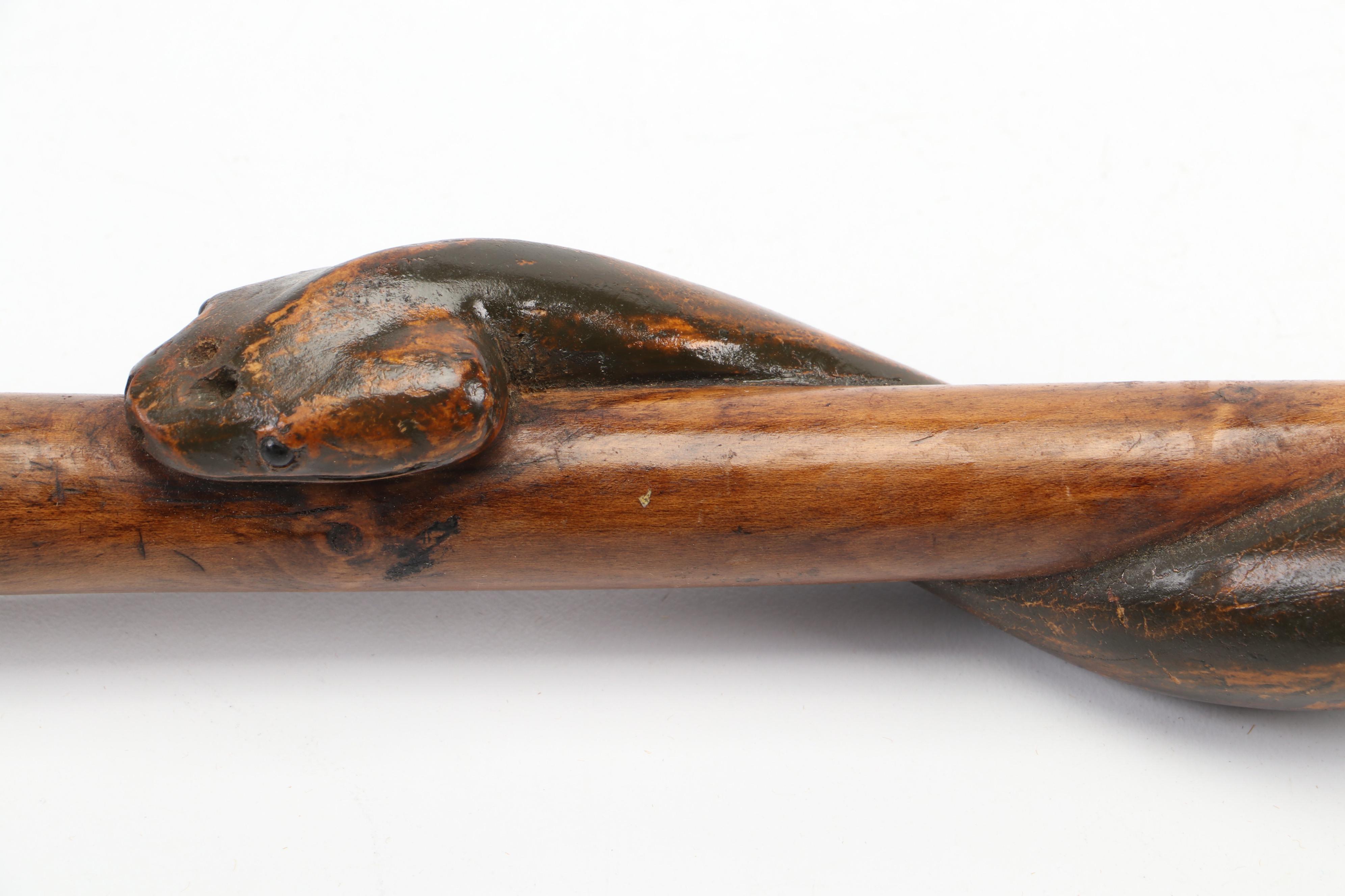 Appalachian Folk Art Carved Wooden Rattlesnake Cane