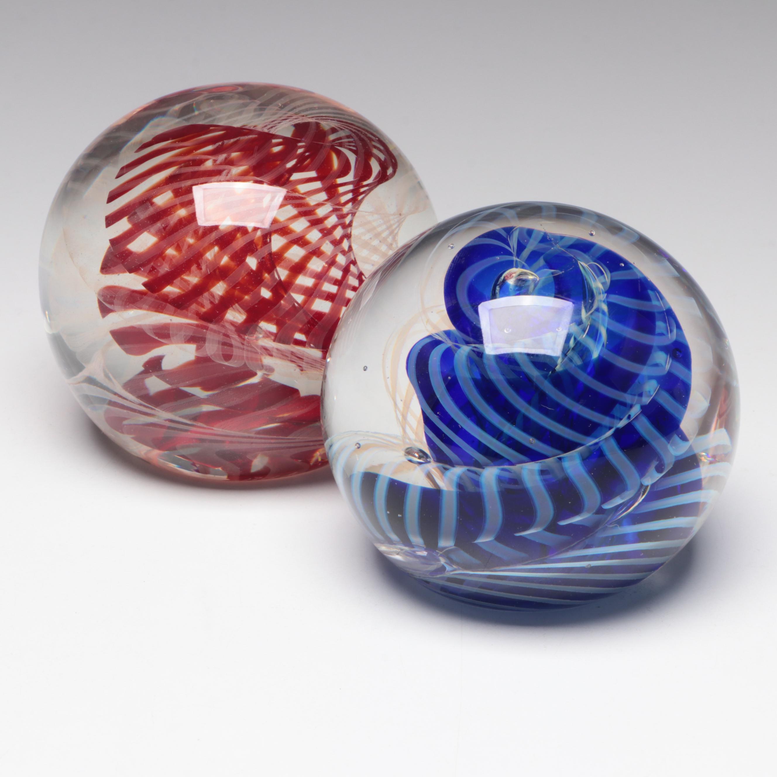 Rollin Karg Red and Blue Opalescent Spiral Studio Art Glass Paperweights