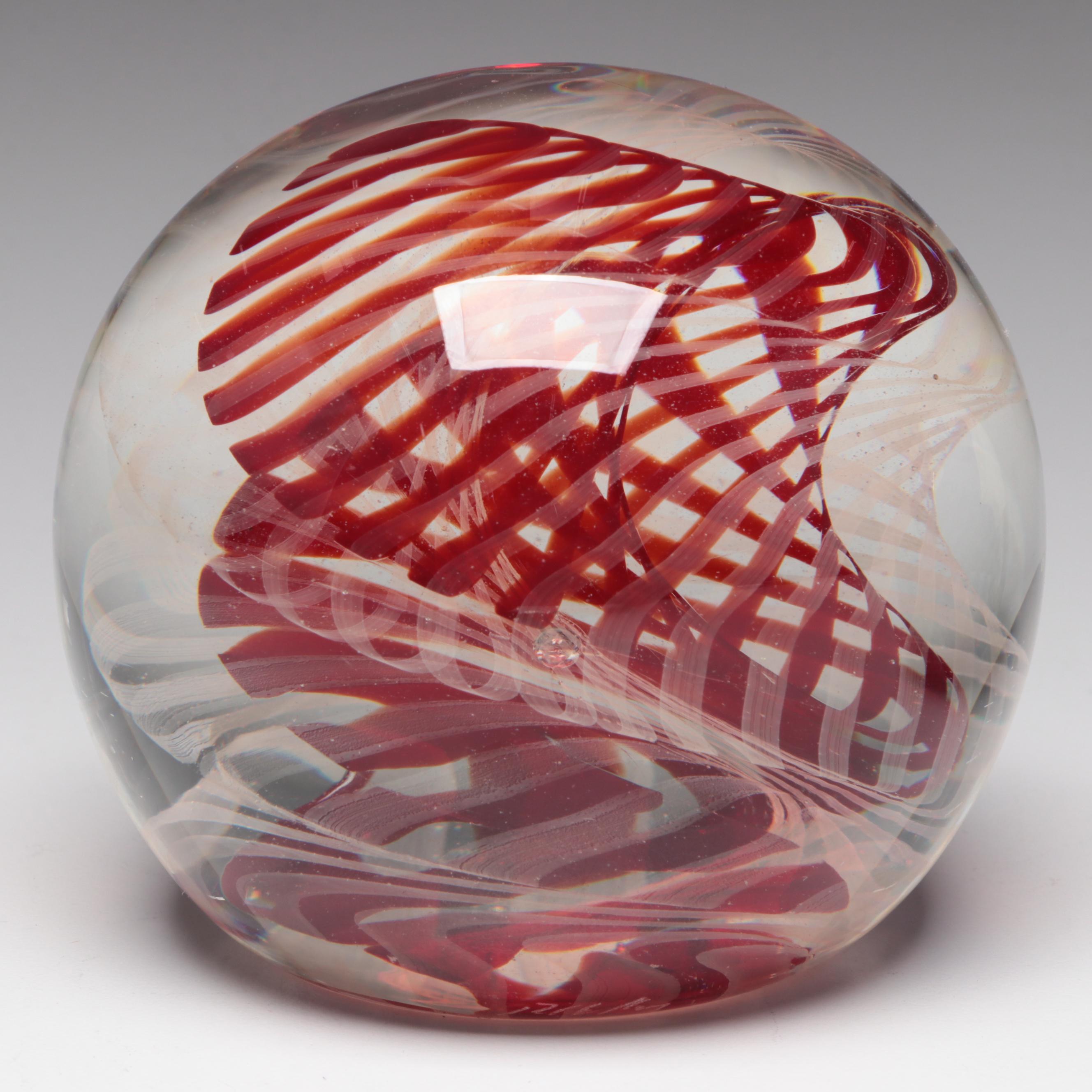 Rollin Karg Red and Blue Opalescent Spiral Studio Art Glass Paperweights