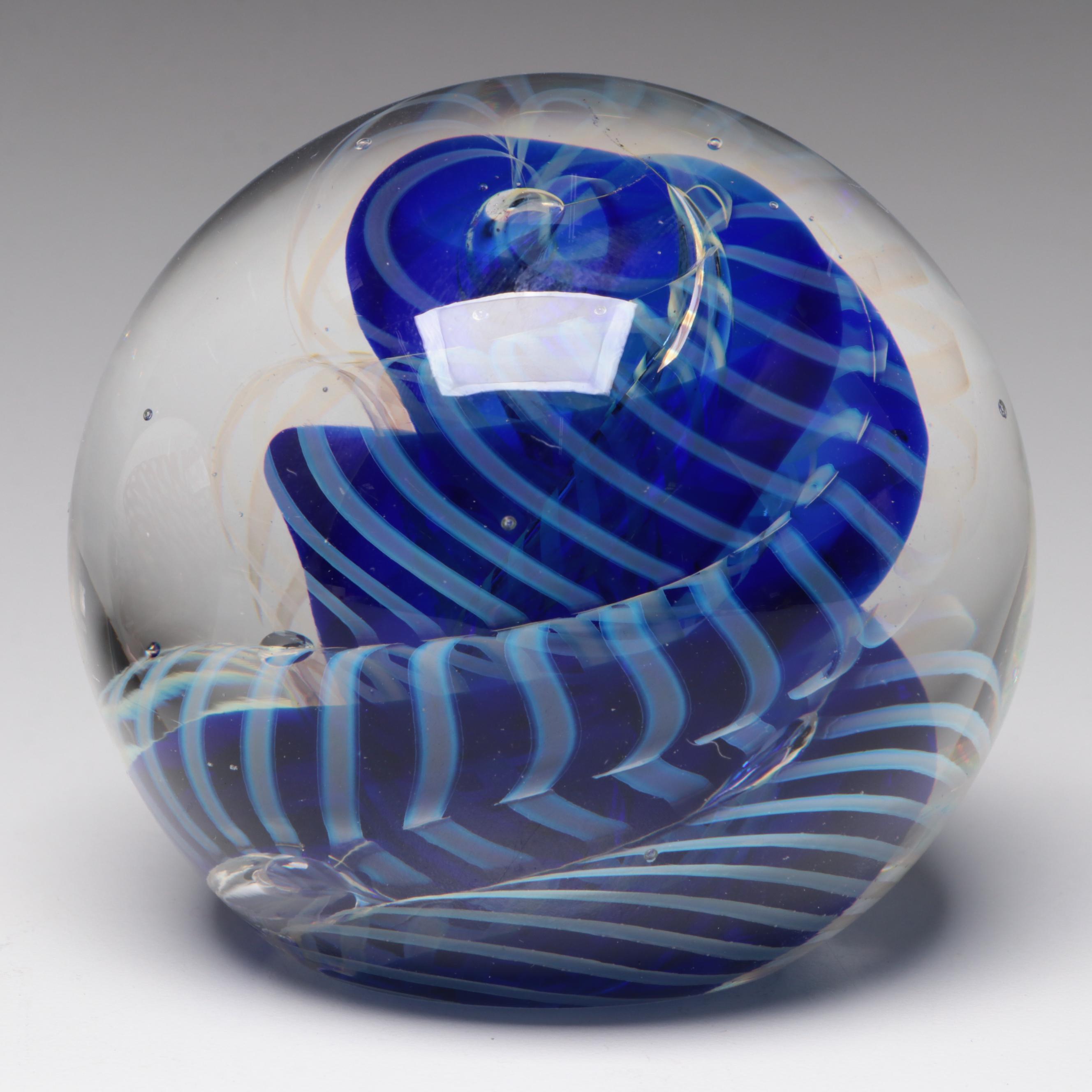 Rollin Karg Red and Blue Opalescent Spiral Studio Art Glass Paperweights