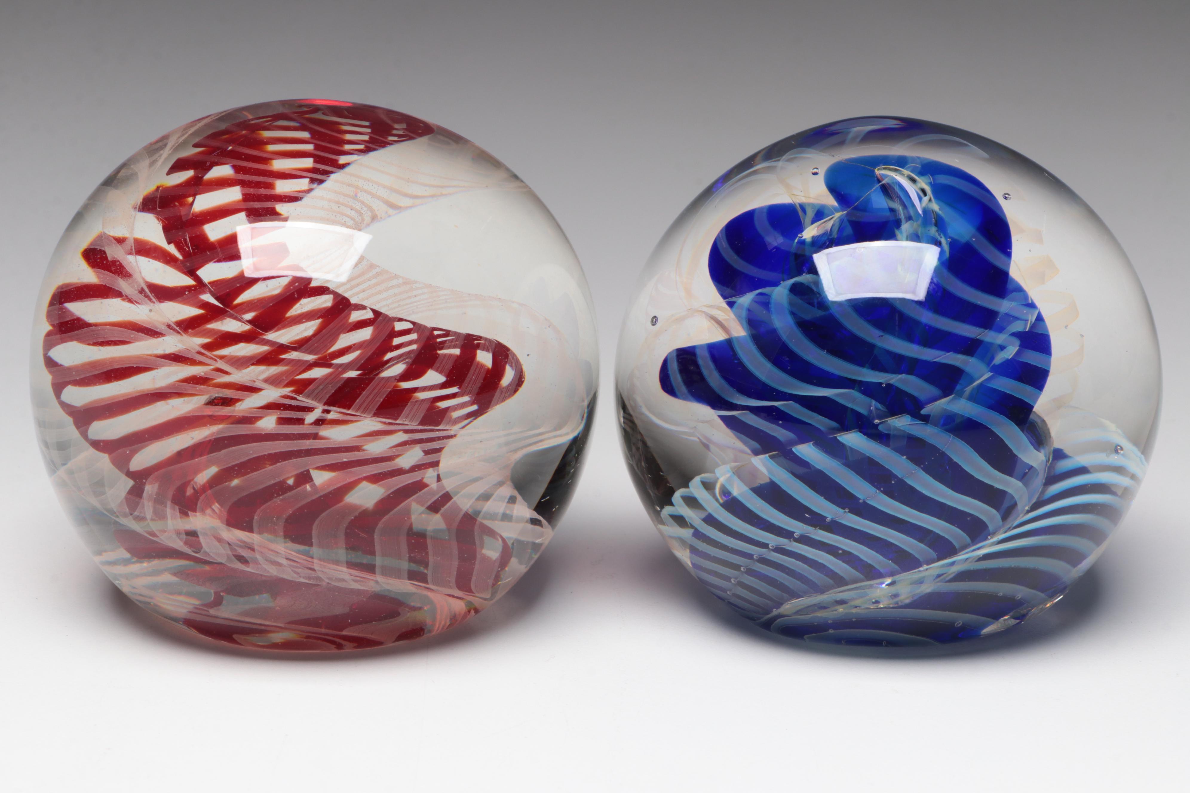 Rollin Karg Red and Blue Opalescent Spiral Studio Art Glass Paperweights