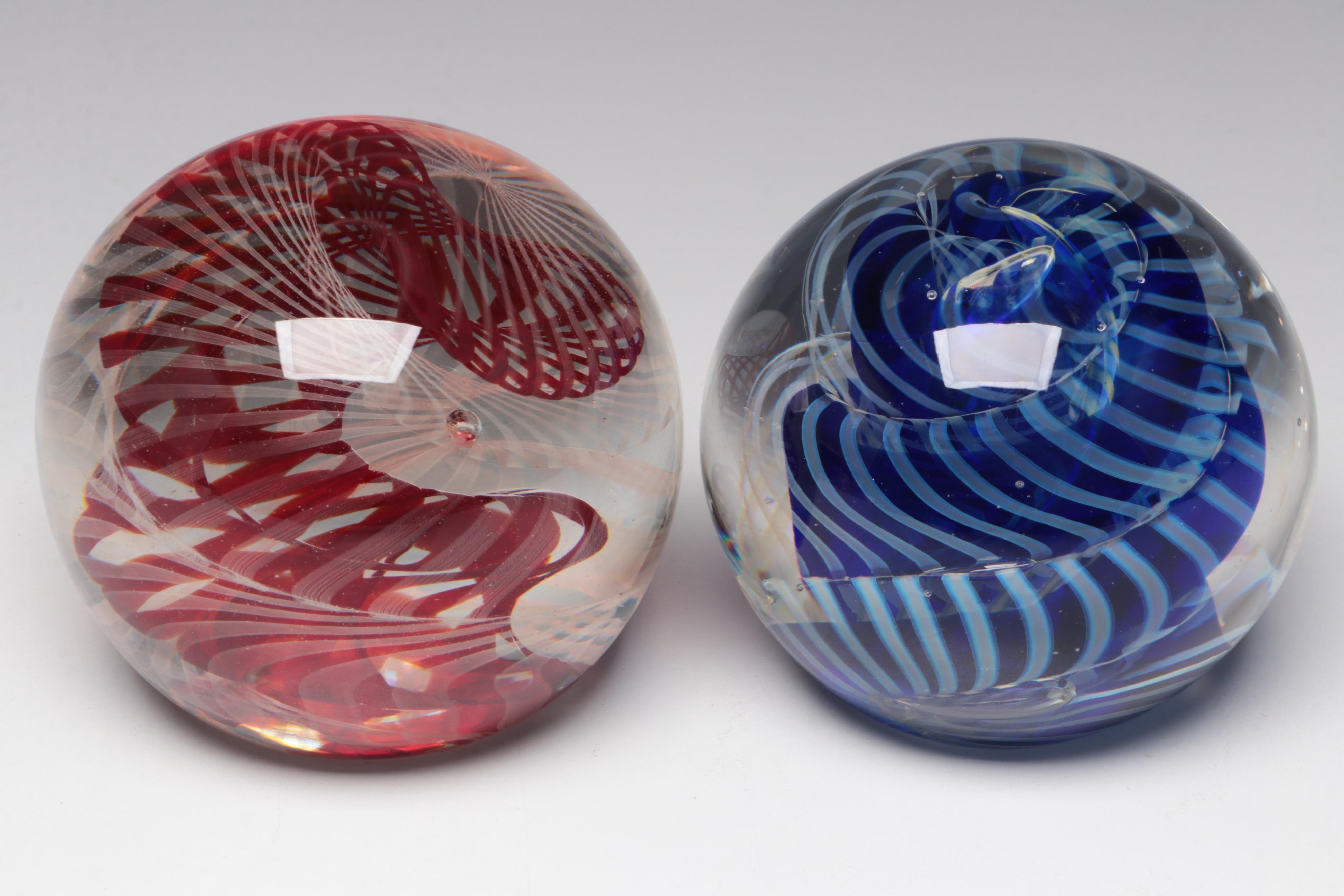 Rollin Karg Red and Blue Opalescent Spiral Studio Art Glass Paperweights