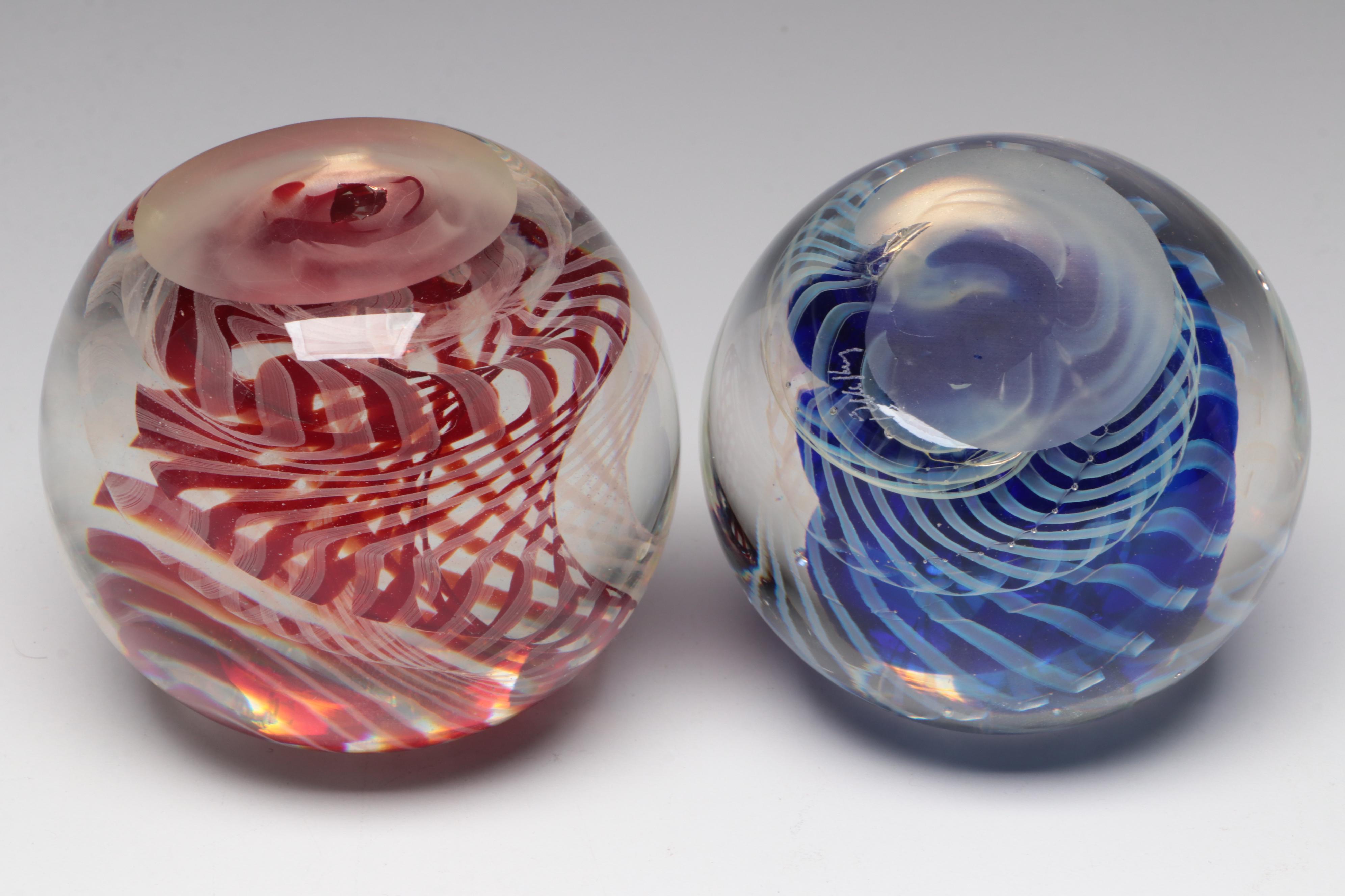 Rollin Karg Red and Blue Opalescent Spiral Studio Art Glass Paperweights