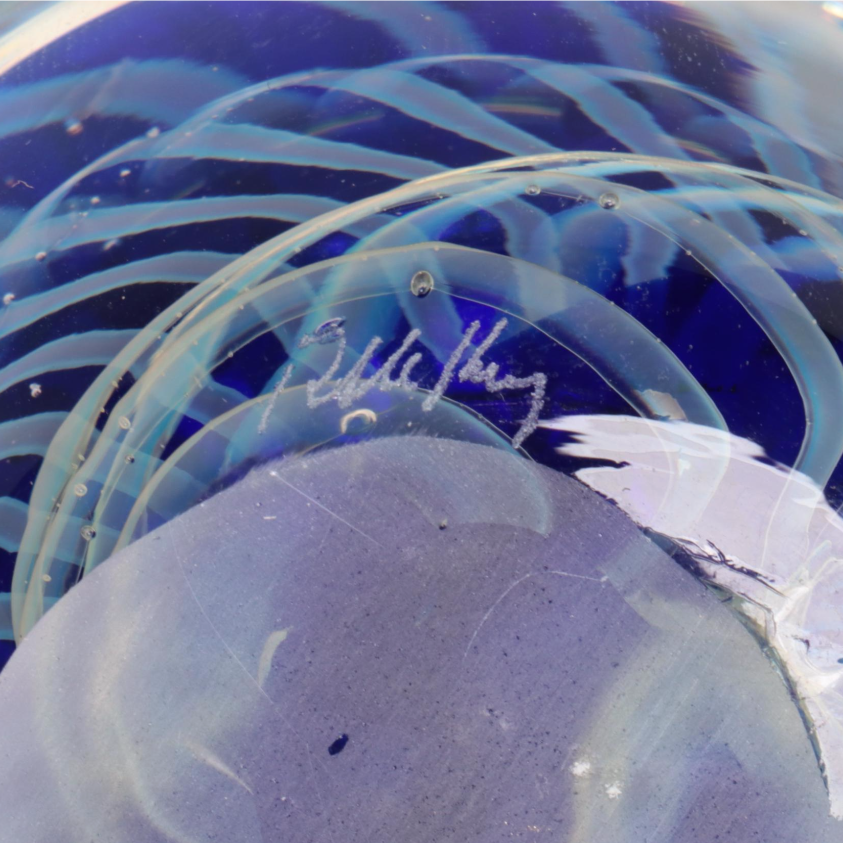 Rollin Karg Red and Blue Opalescent Spiral Studio Art Glass Paperweights