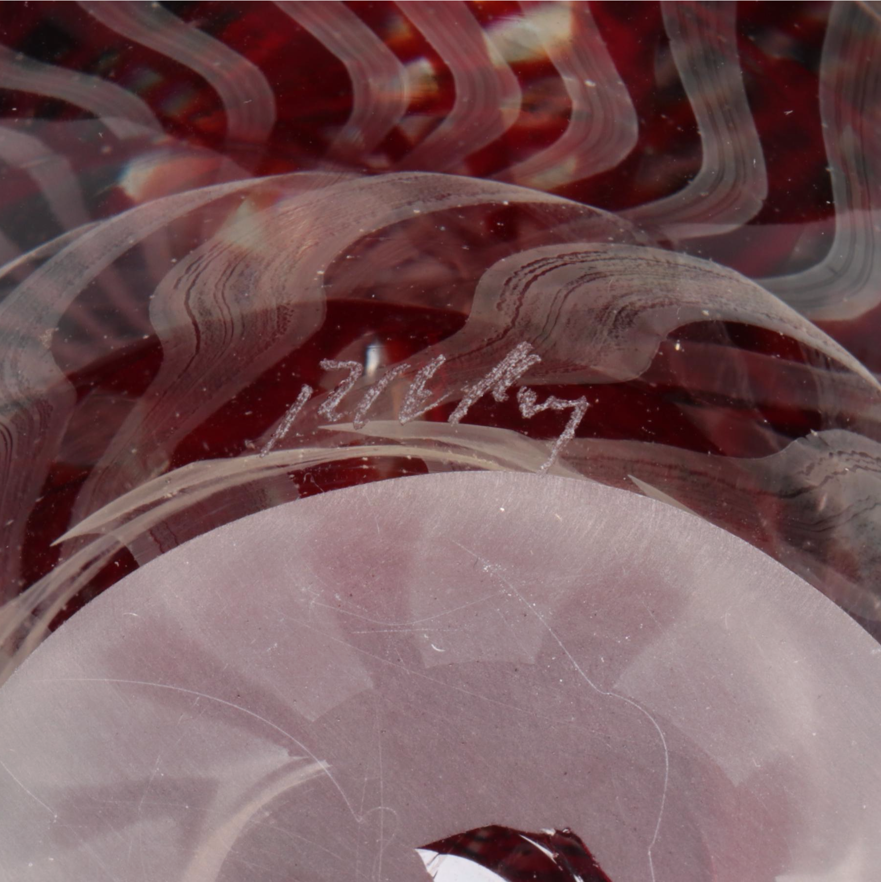 Rollin Karg Red and Blue Opalescent Spiral Studio Art Glass Paperweights