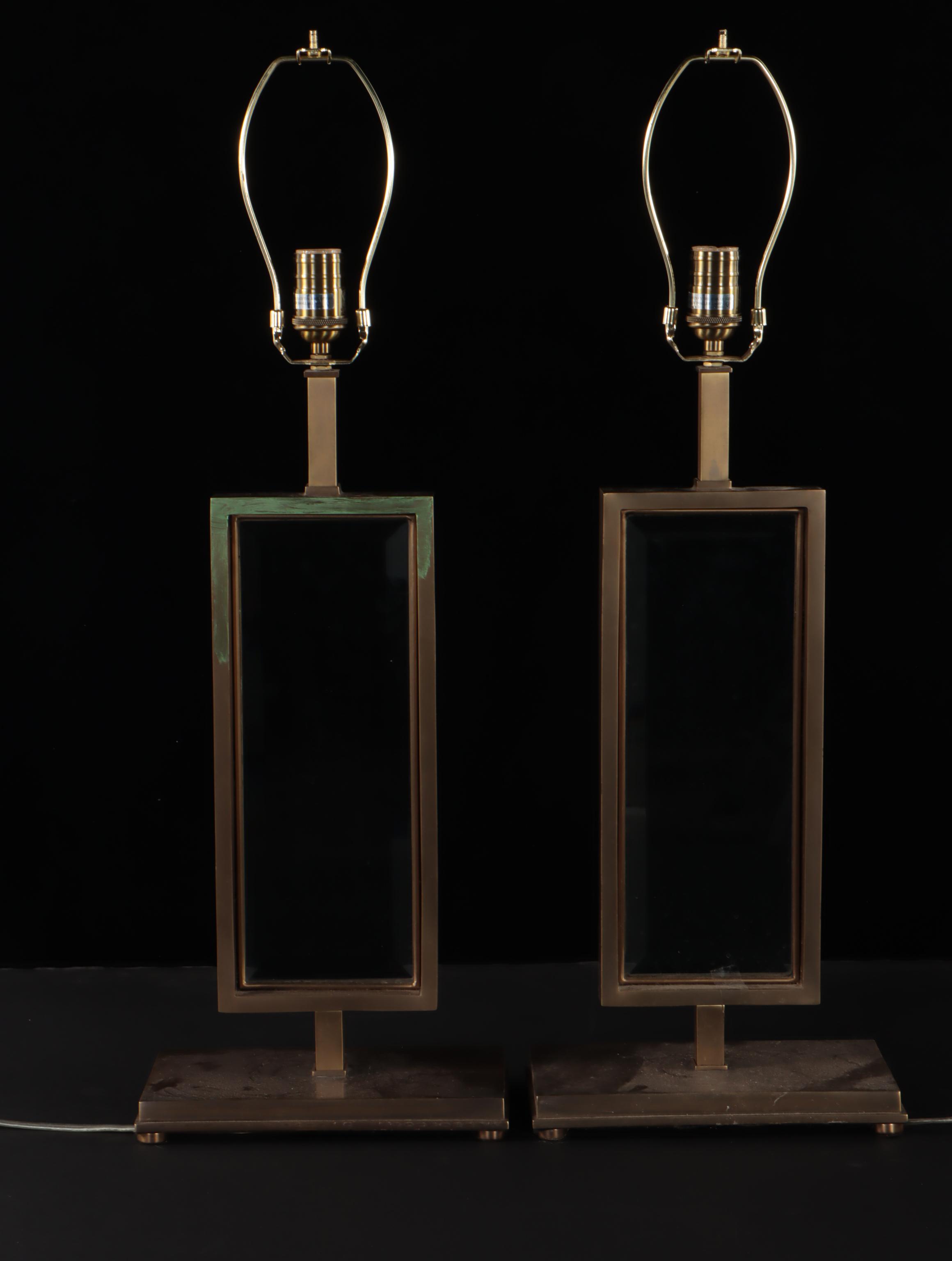 Contemporary Brass Rectangle Table Lamps With Cube Shades