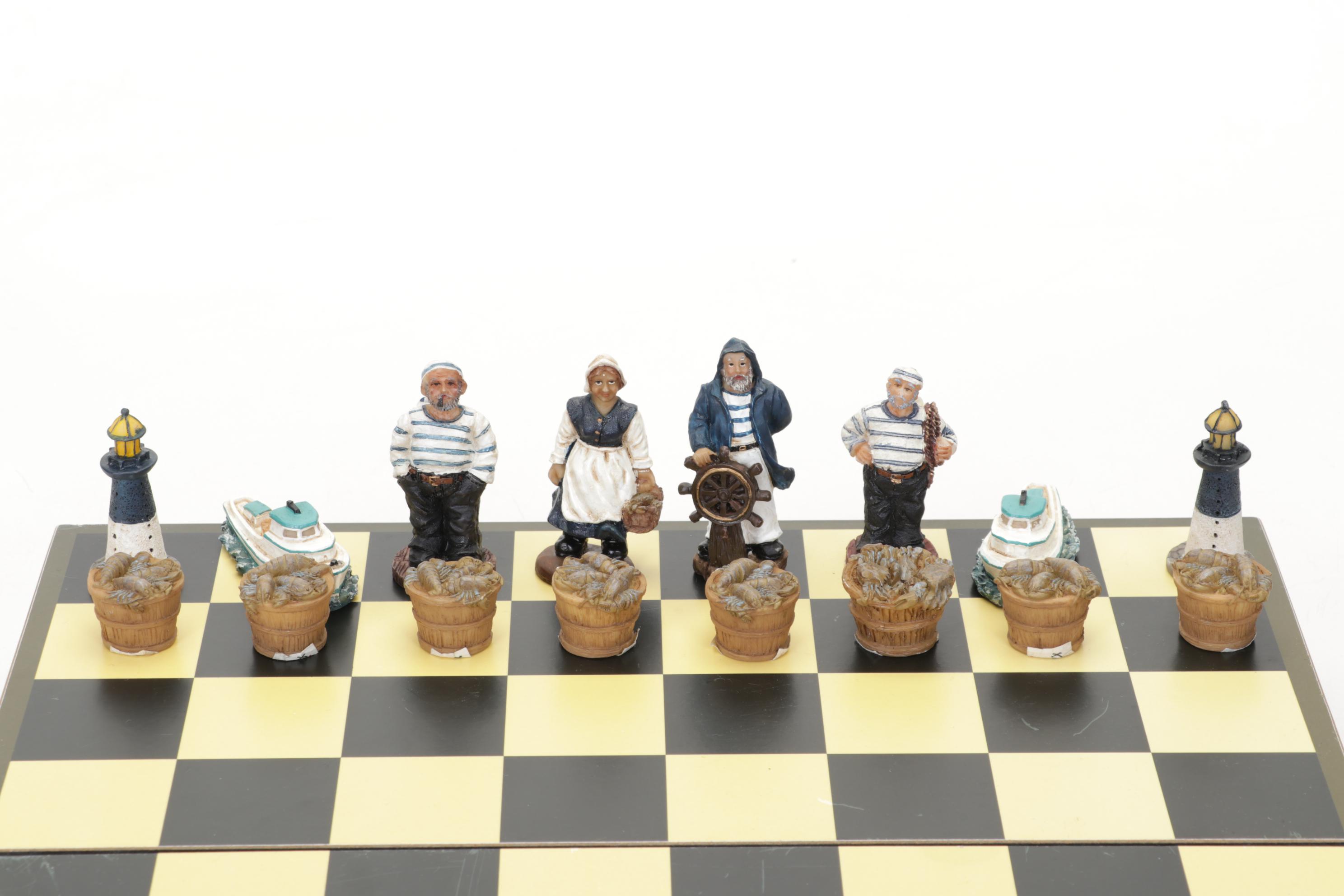 Scioto Medieval Chess Set in Iridescent White & Tan With Nautical Set and Board