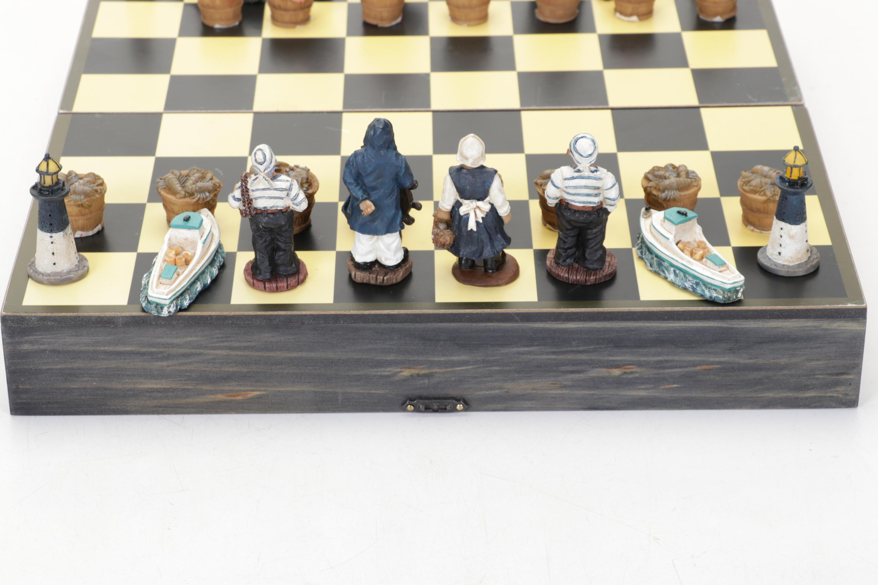 Scioto Medieval Chess Set in Iridescent White & Tan With Nautical Set and Board