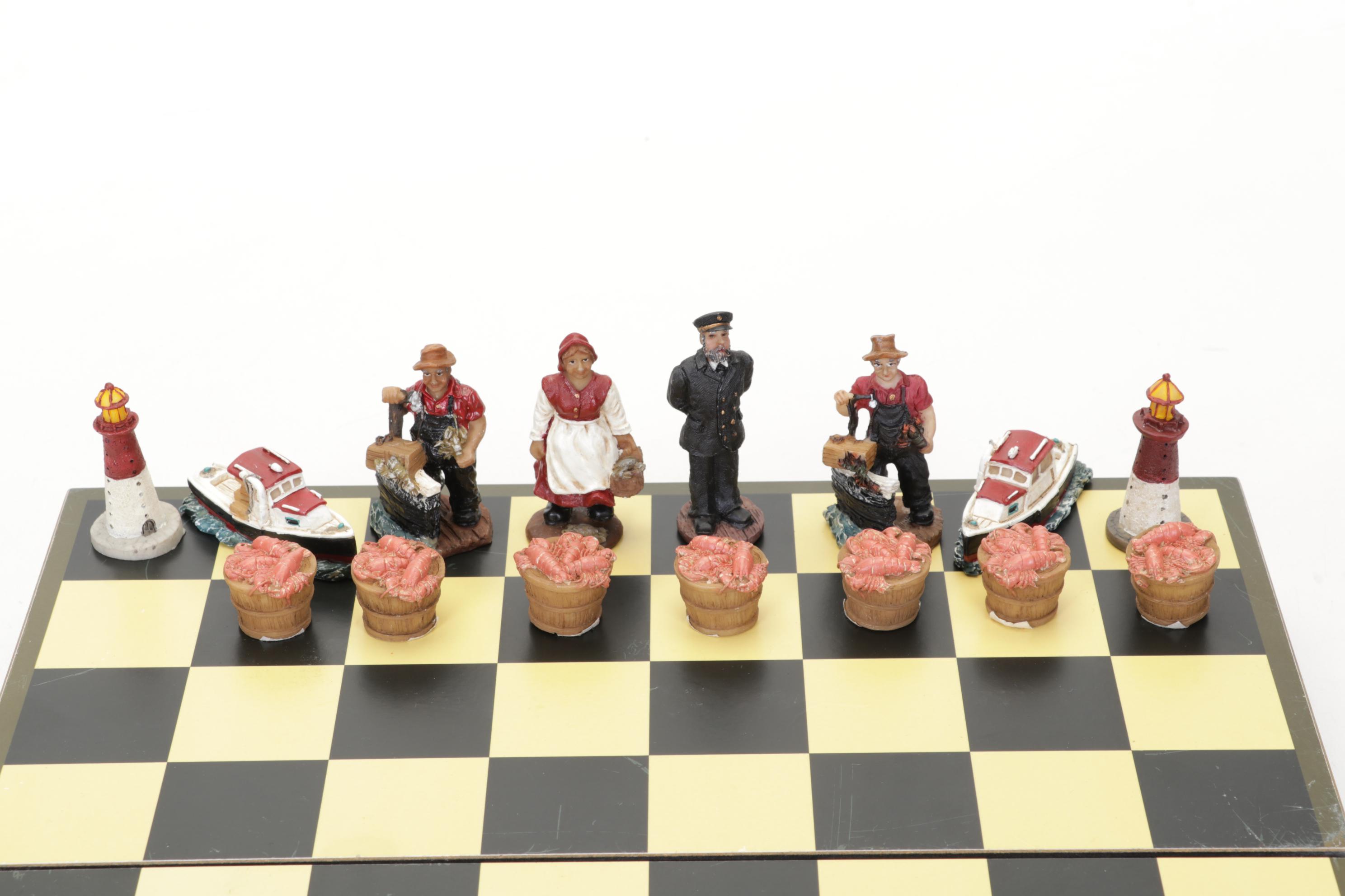 Scioto Medieval Chess Set in Iridescent White & Tan With Nautical Set and Board