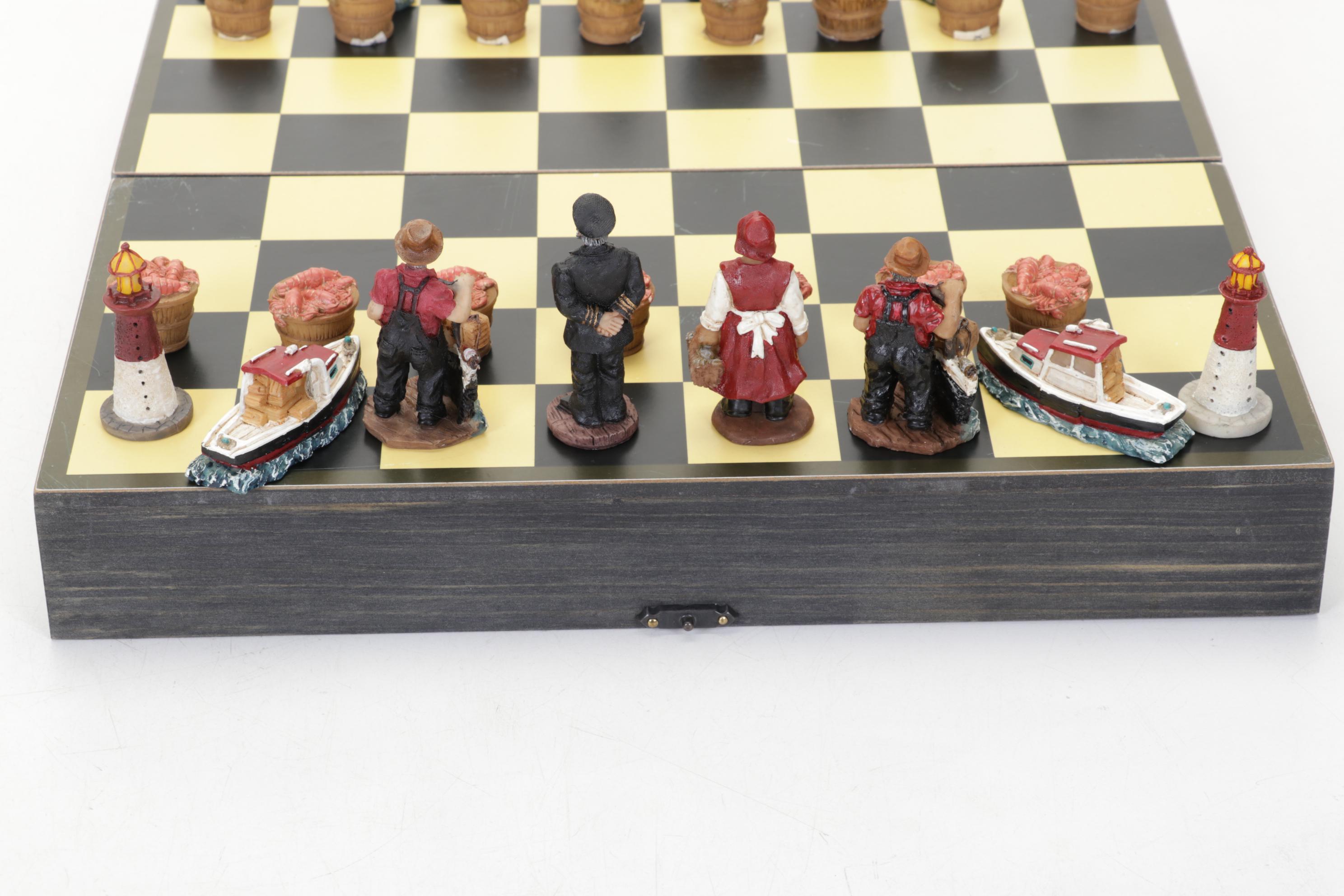 Scioto Medieval Chess Set in Iridescent White & Tan With Nautical Set and Board