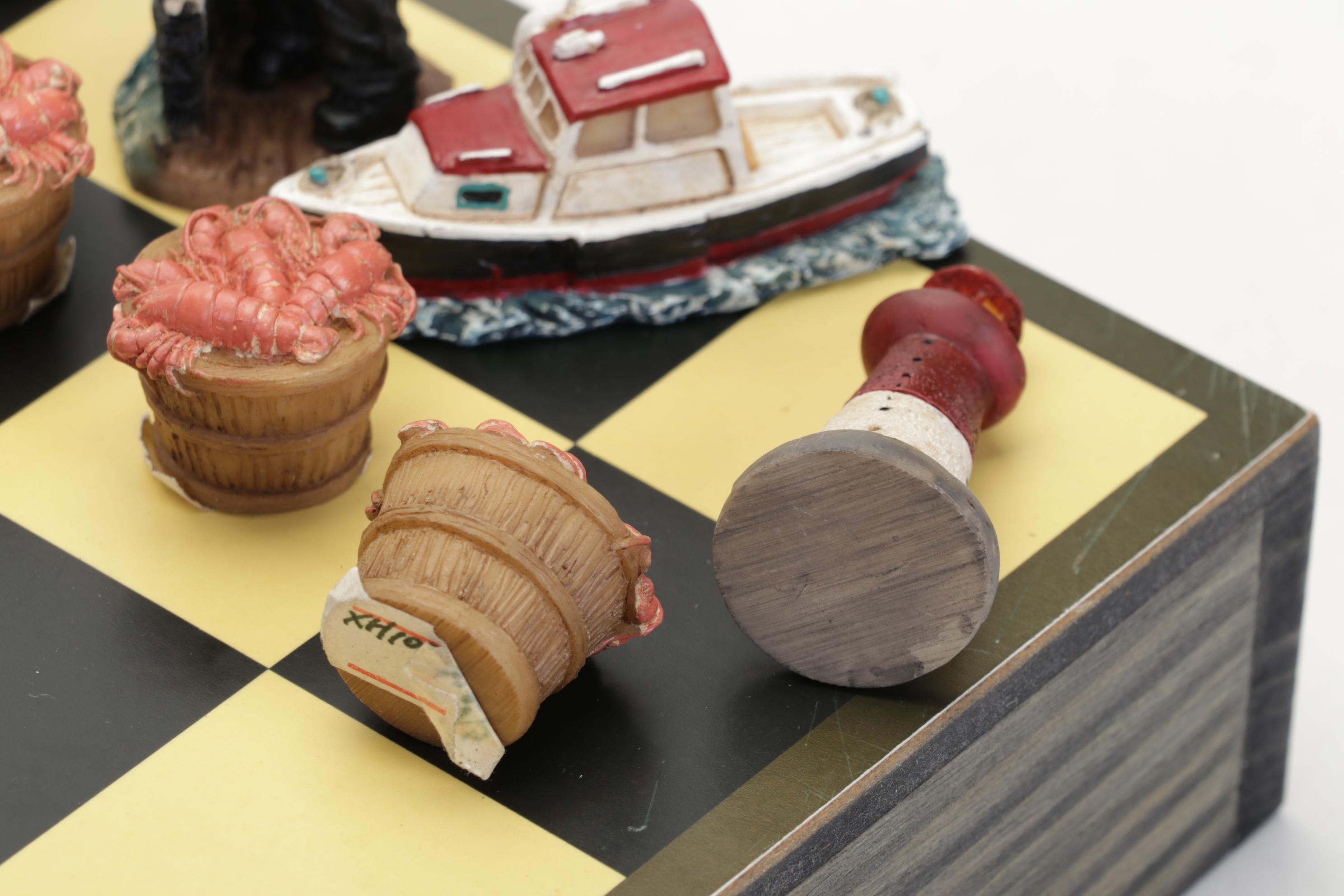 Scioto Medieval Chess Set in Iridescent White & Tan With Nautical Set and Board