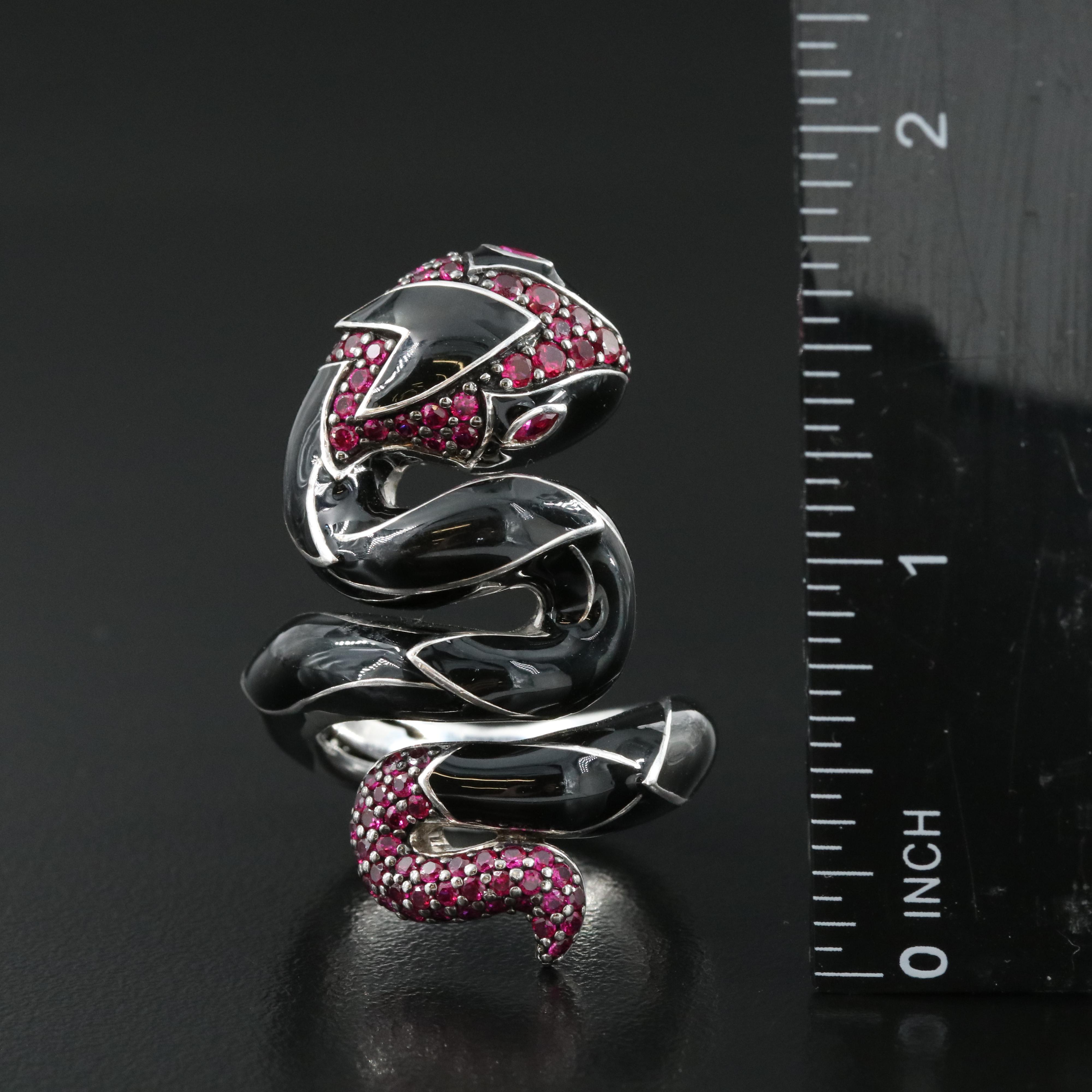 Belle Étoile Sterling Ruby and Enamel Serpent Ring