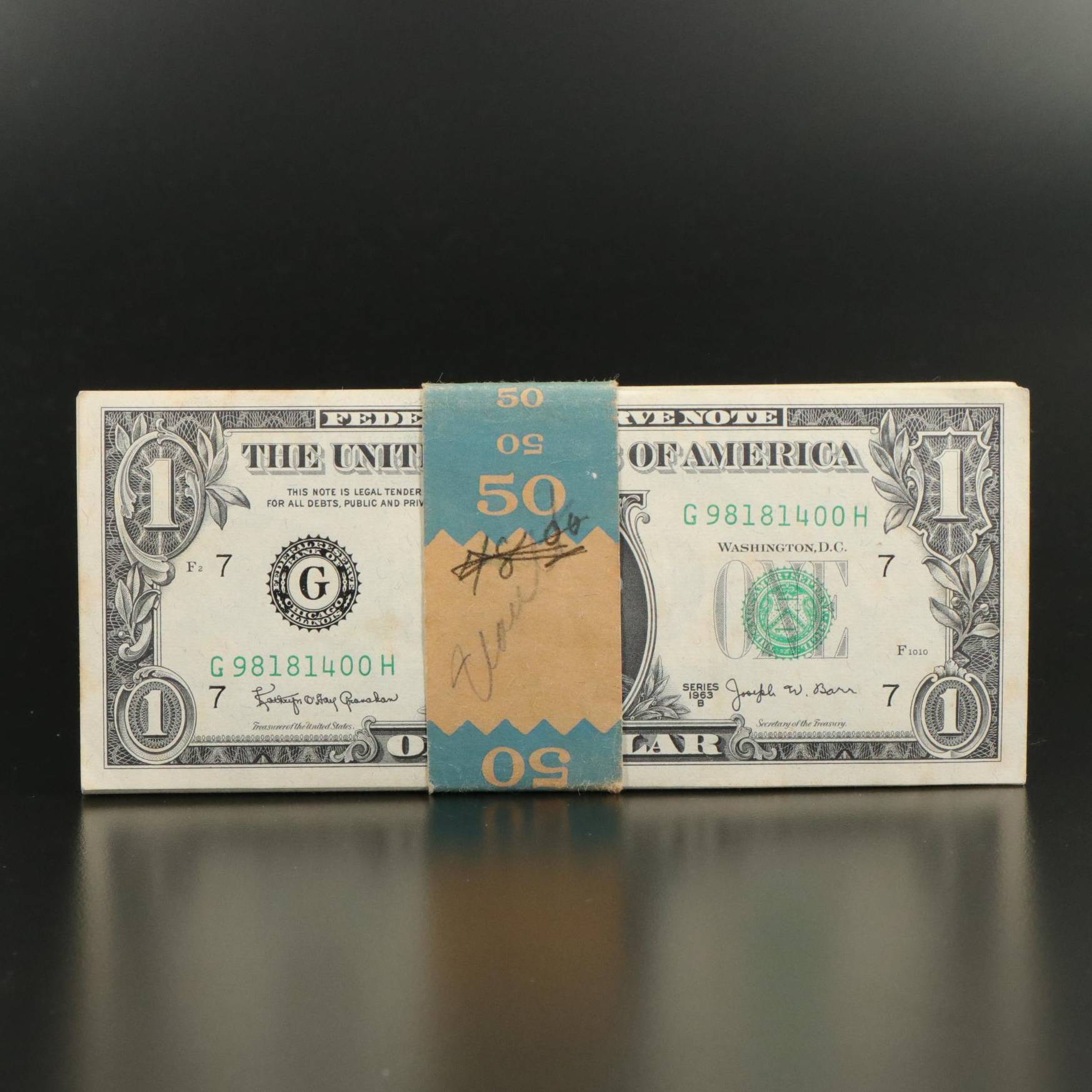Bank Wrapped Block of Fifty 1963 Federal Reserve "Barr" Notes