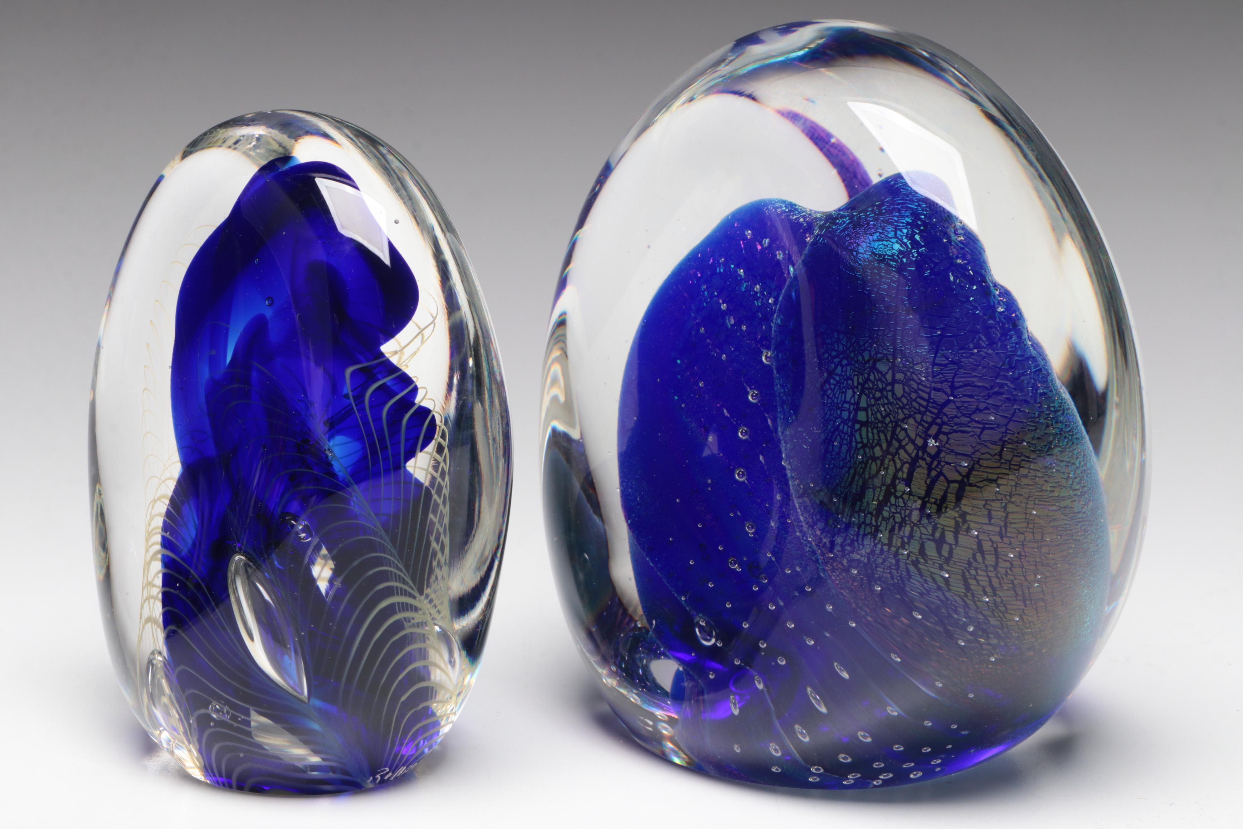 Rollin Karg Blue Studio Art Glass Sculpture Paperweights