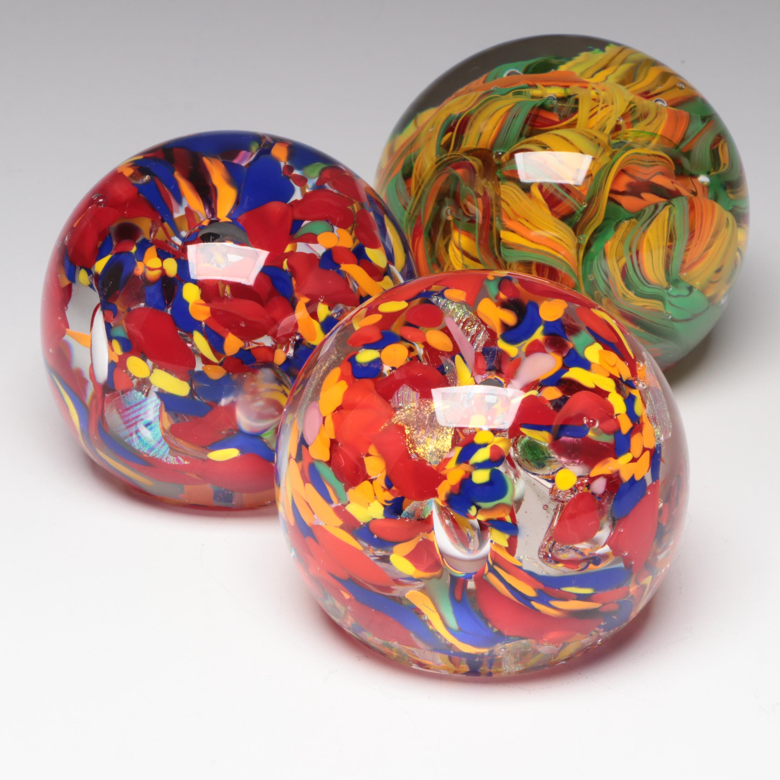 Rollin Karg Multicolor and Trapped Bubble Studio Art Glass Paperweights