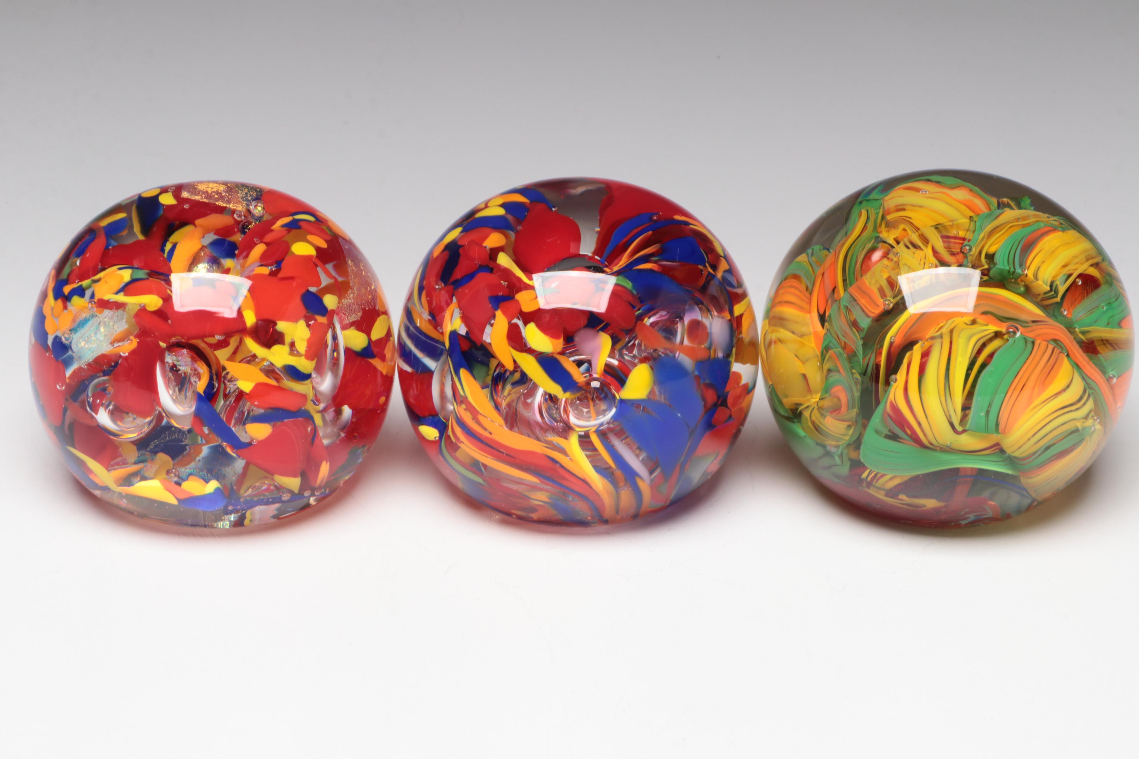 Rollin Karg Multicolor and Trapped Bubble Studio Art Glass Paperweights