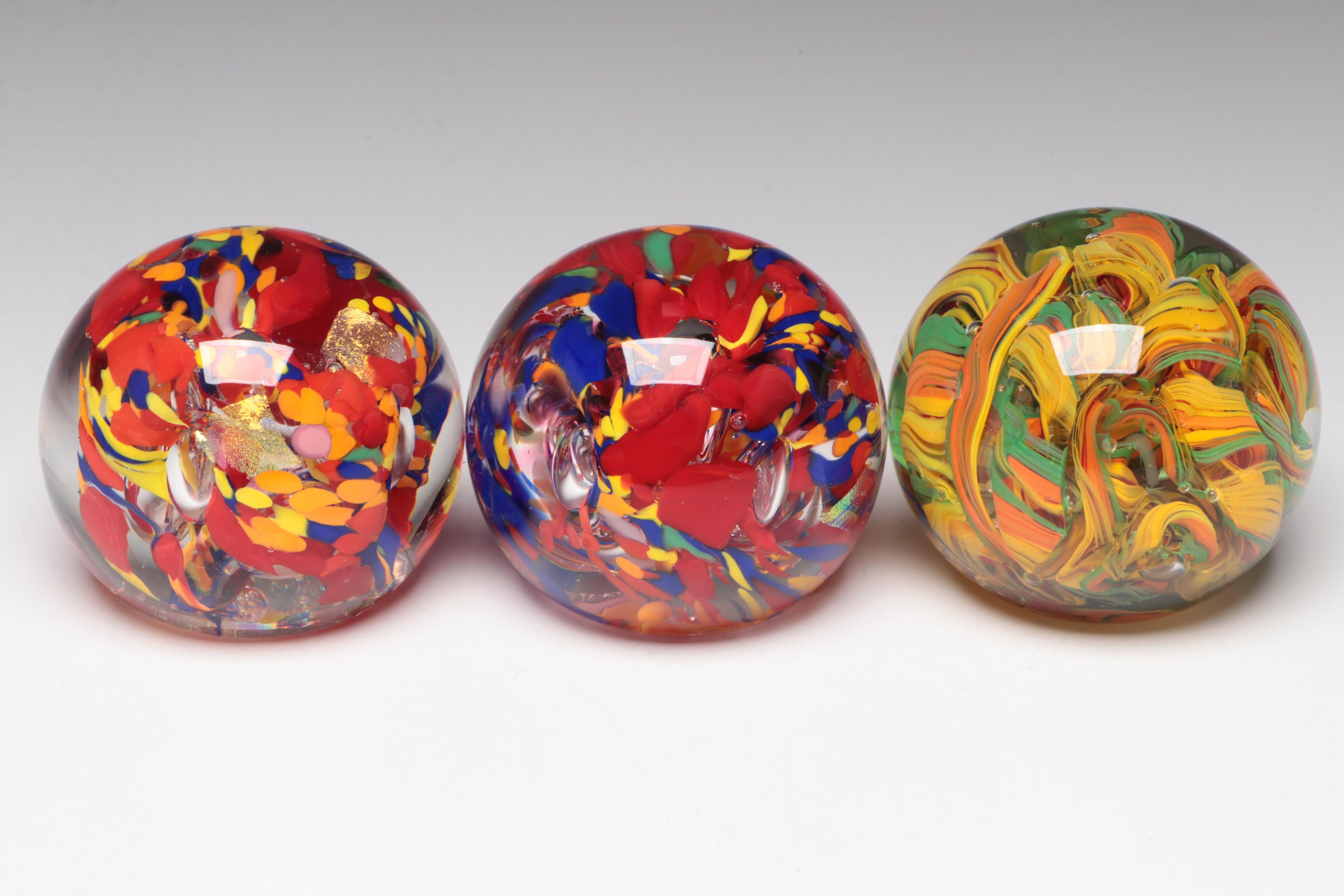 Rollin Karg Multicolor and Trapped Bubble Studio Art Glass Paperweights