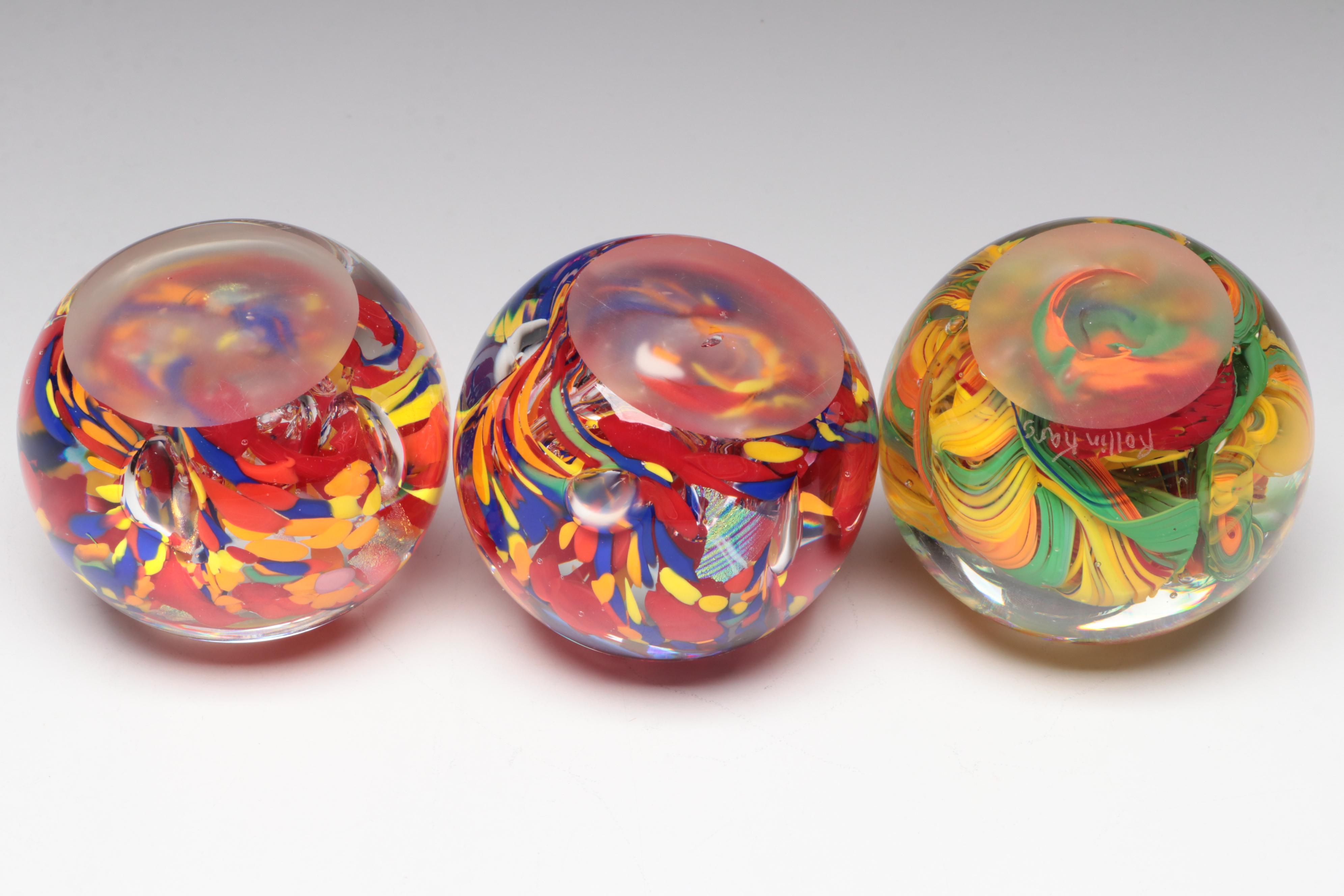 Rollin Karg Multicolor and Trapped Bubble Studio Art Glass Paperweights