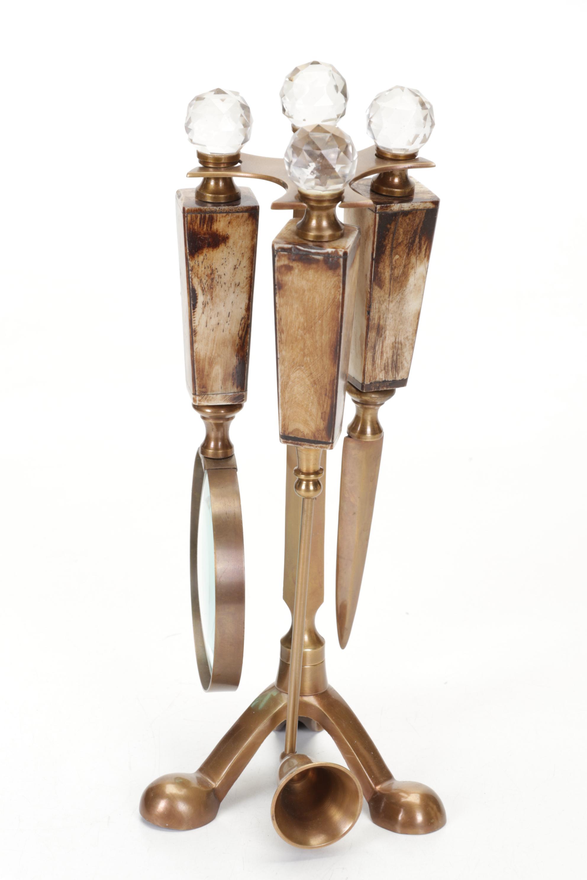 Amethyst Cluster Bookends, Brass and Bone Tool Carrier, and Other Office Decor