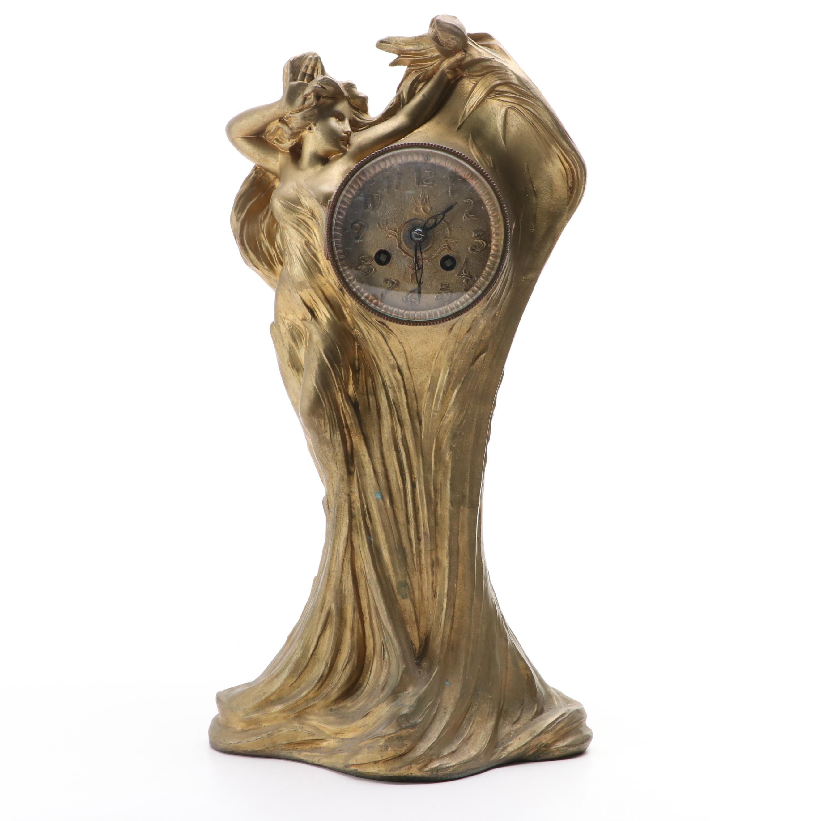 Harris & Harrington Art Nouveau Style Figural Brass Mantel Clock