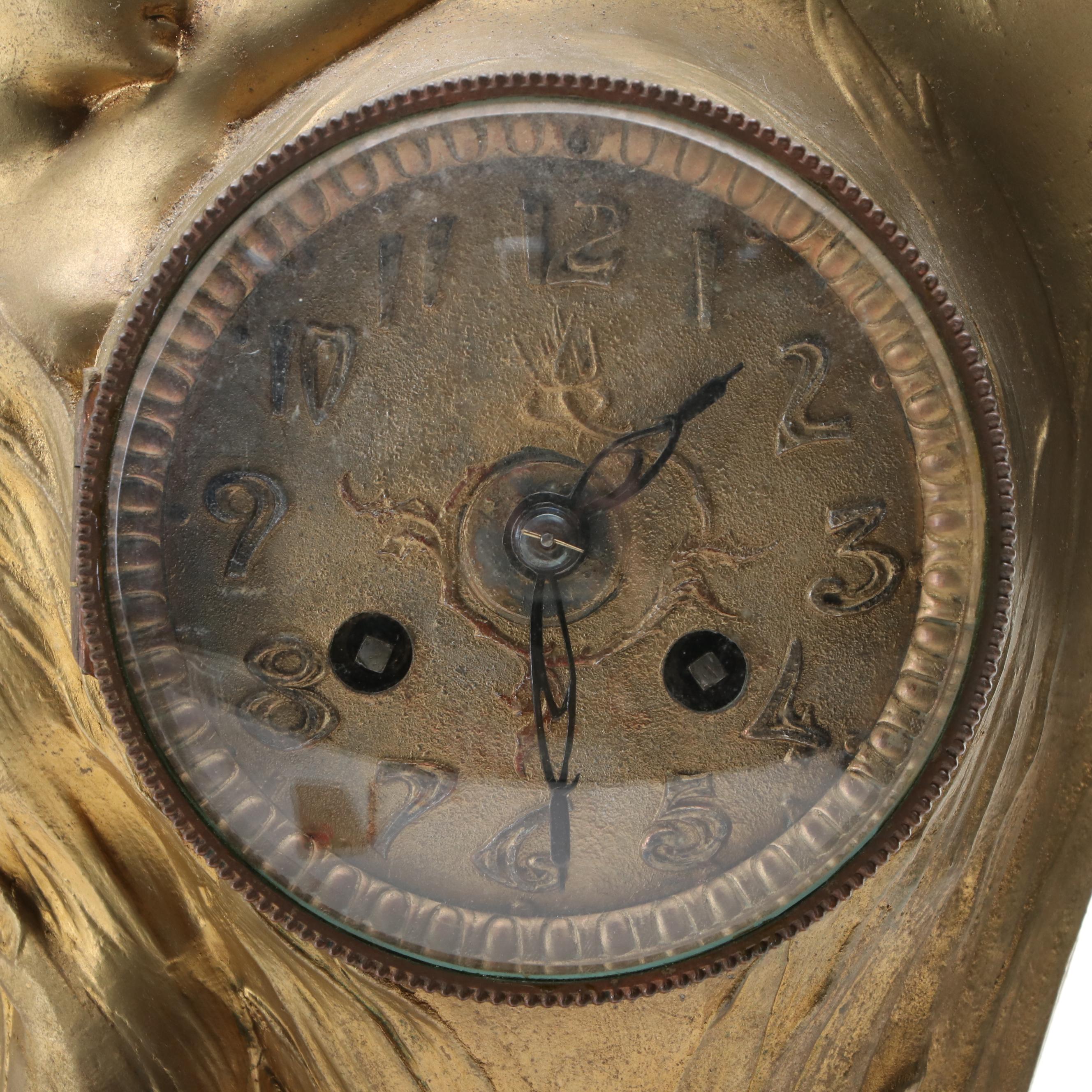 Harris & Harrington Art Nouveau Style Figural Brass Mantel Clock