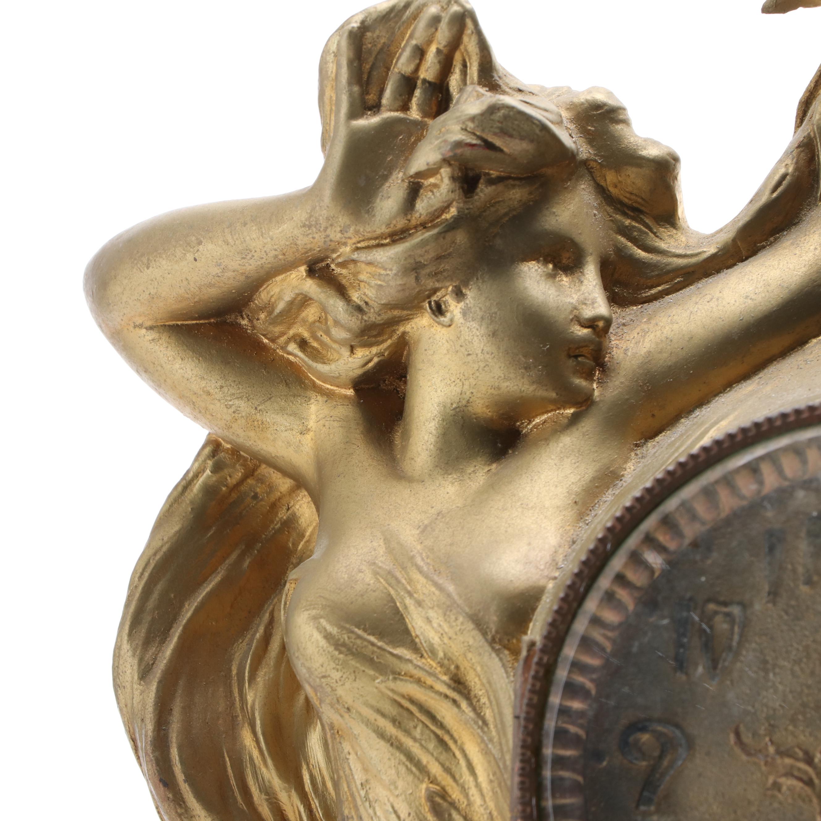 Harris & Harrington Art Nouveau Style Figural Brass Mantel Clock