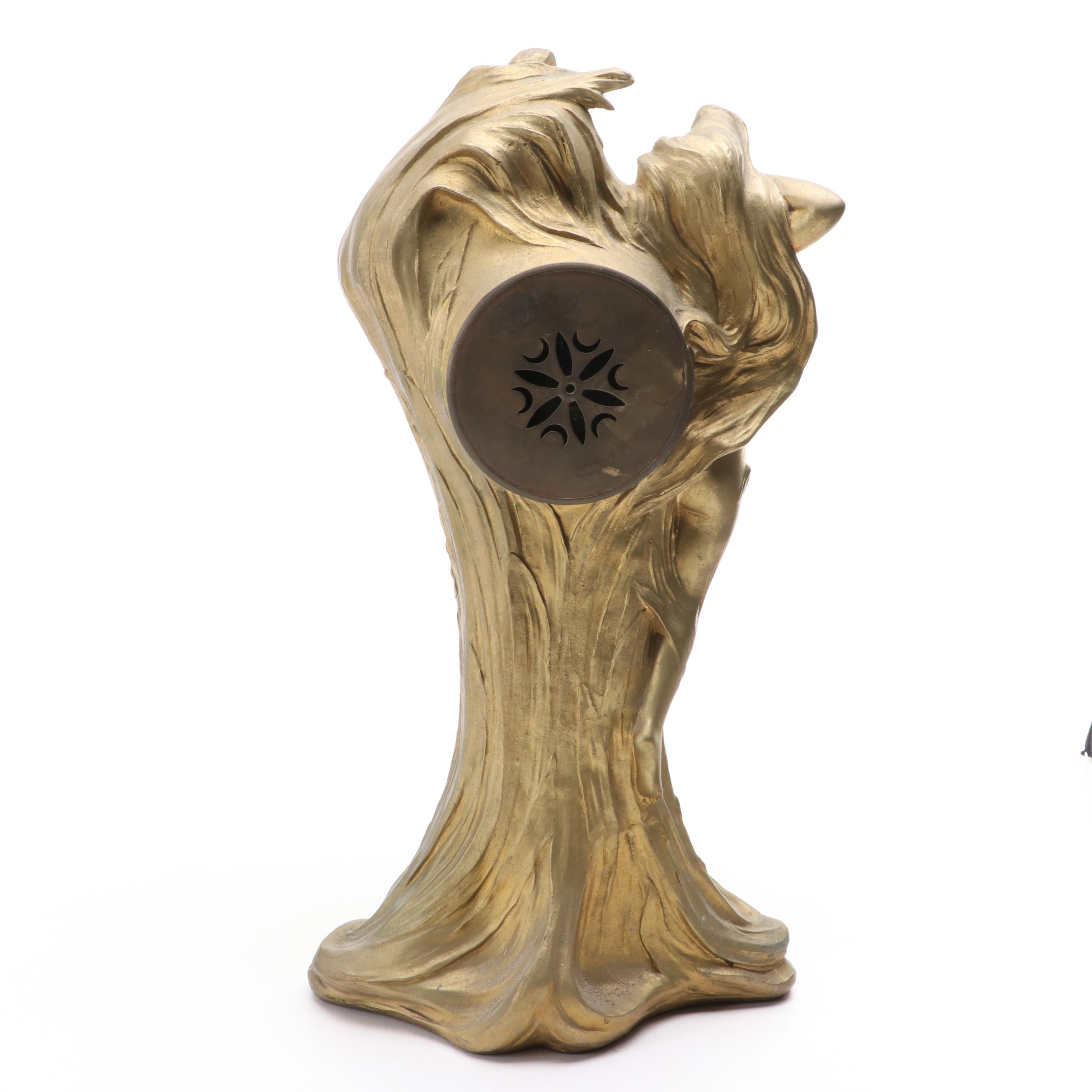 Harris & Harrington Art Nouveau Style Figural Brass Mantel Clock