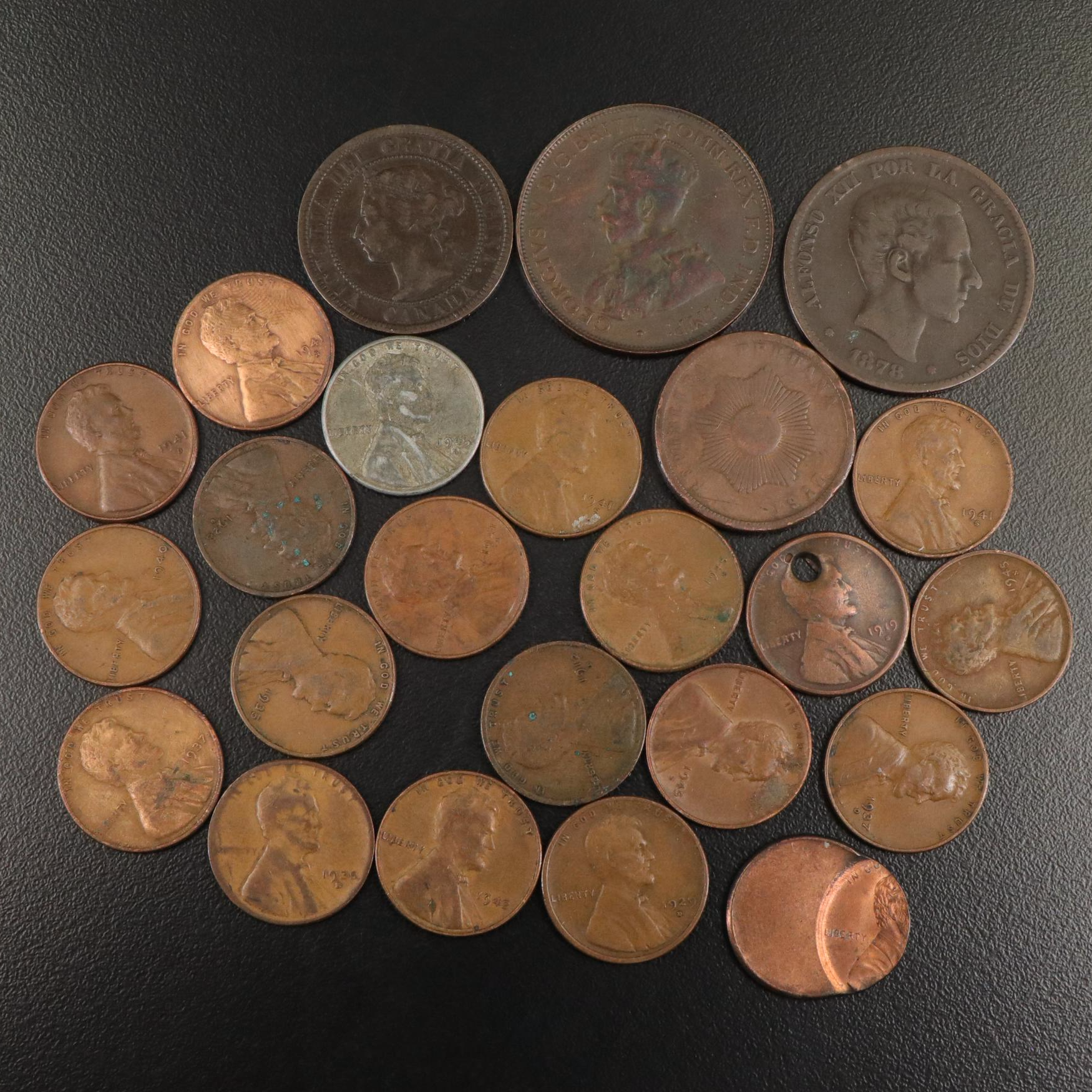 Group of Wheat Cents and Foreign Copper Coins