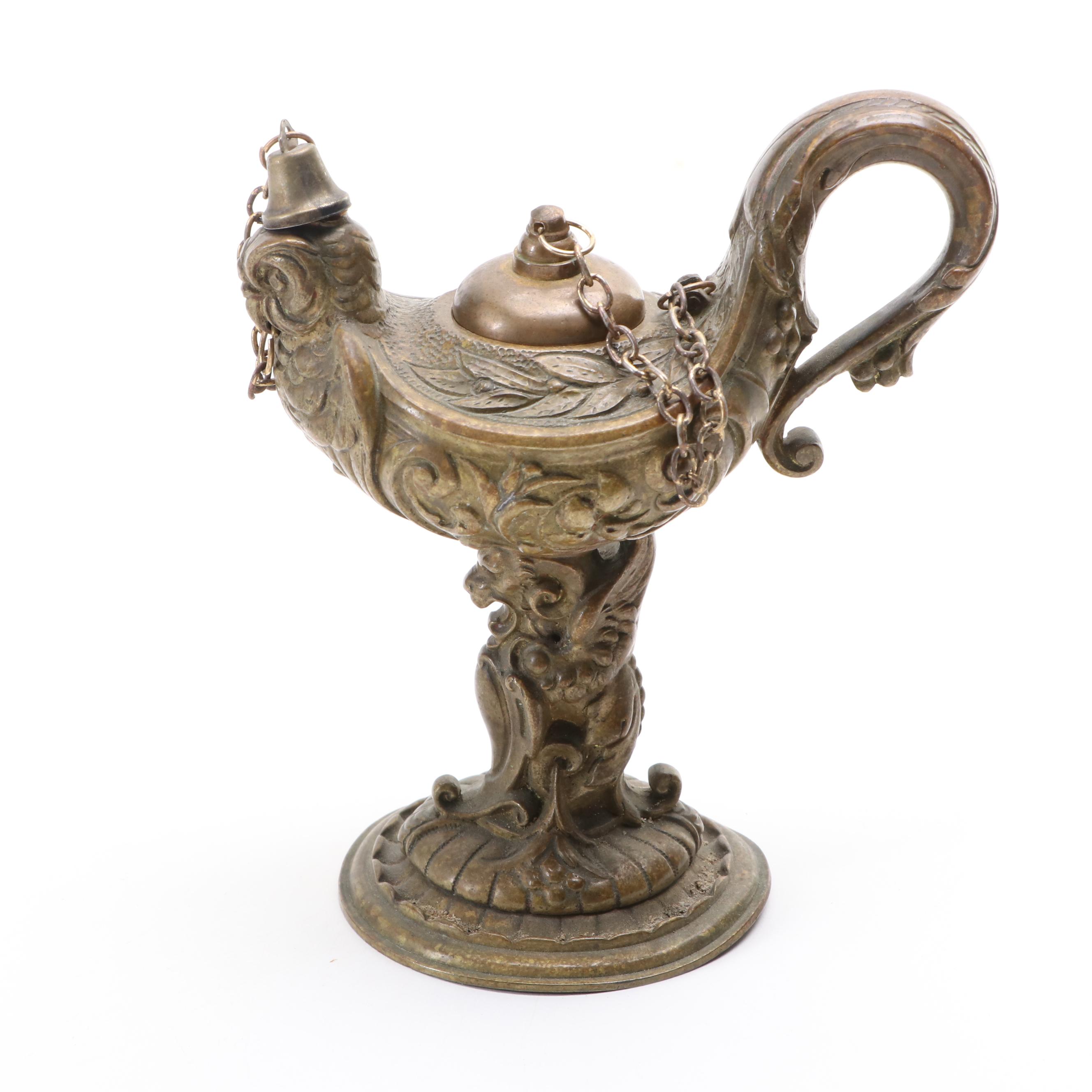 European Art Nouveau Style Gilt Bronze Oil Lamp Cigar Lighter, Late 19th C.