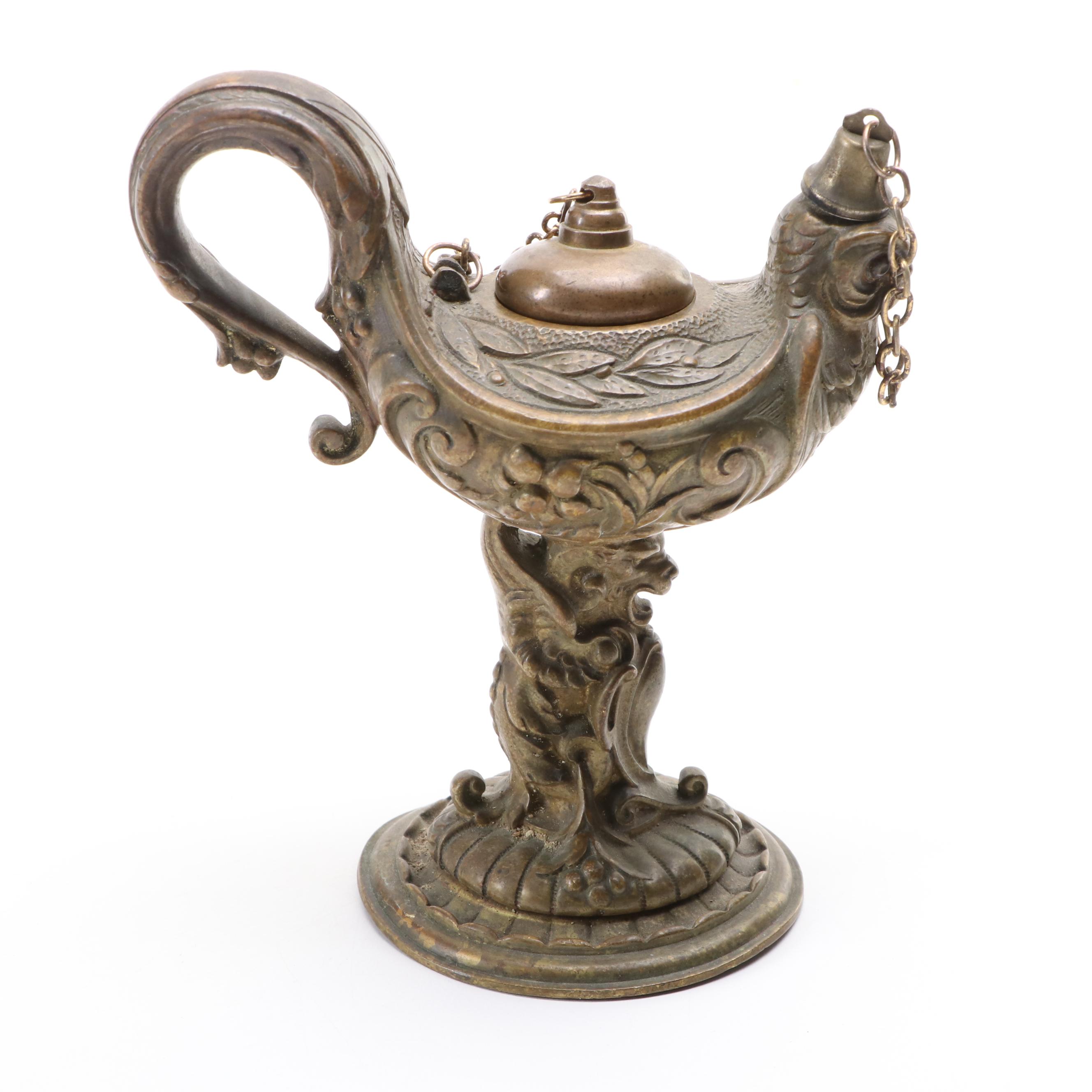 European Art Nouveau Style Gilt Bronze Oil Lamp Cigar Lighter, Late 19th C.