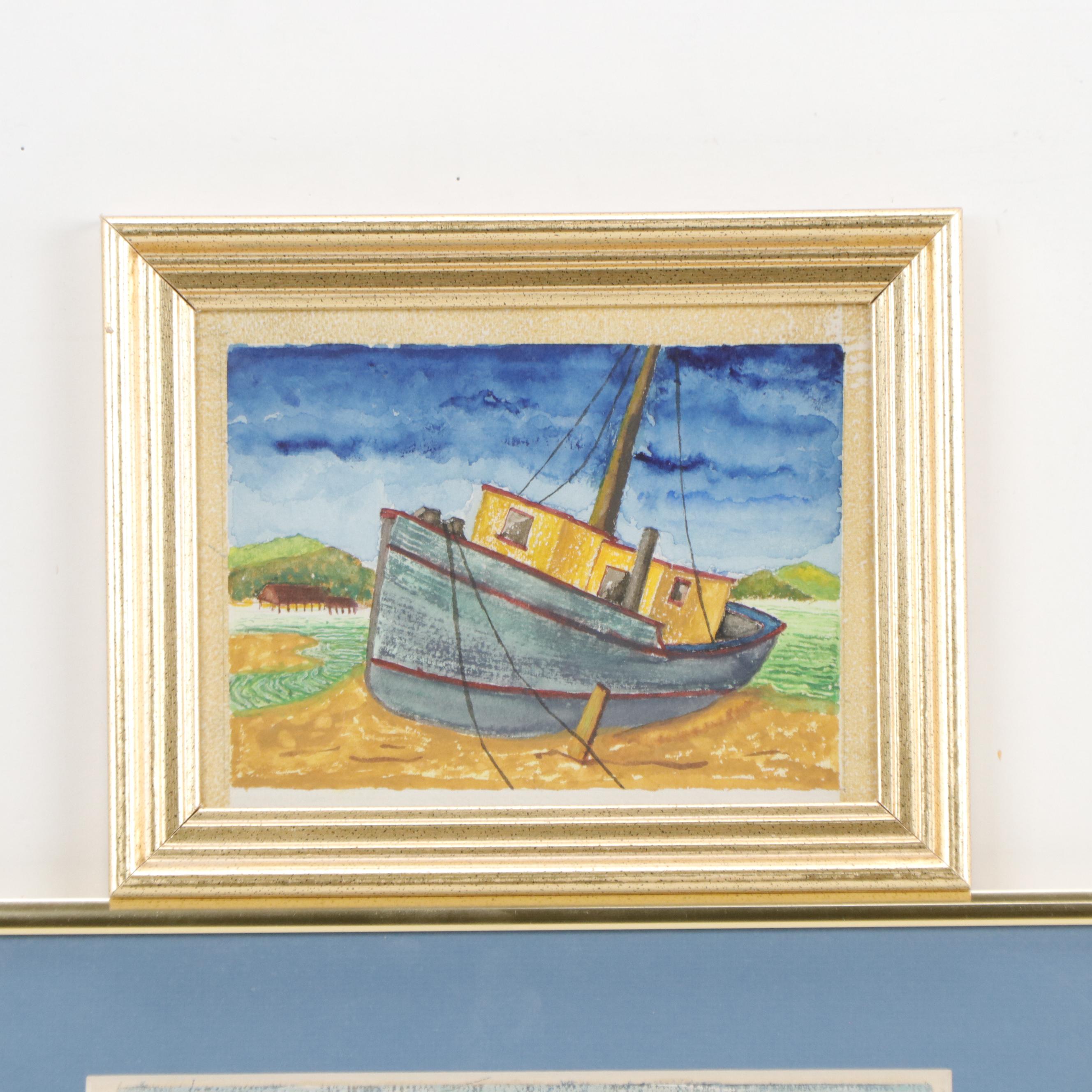 Seascape Oil Painting of Figures on Sailboat and Watercolor Painting of Ship