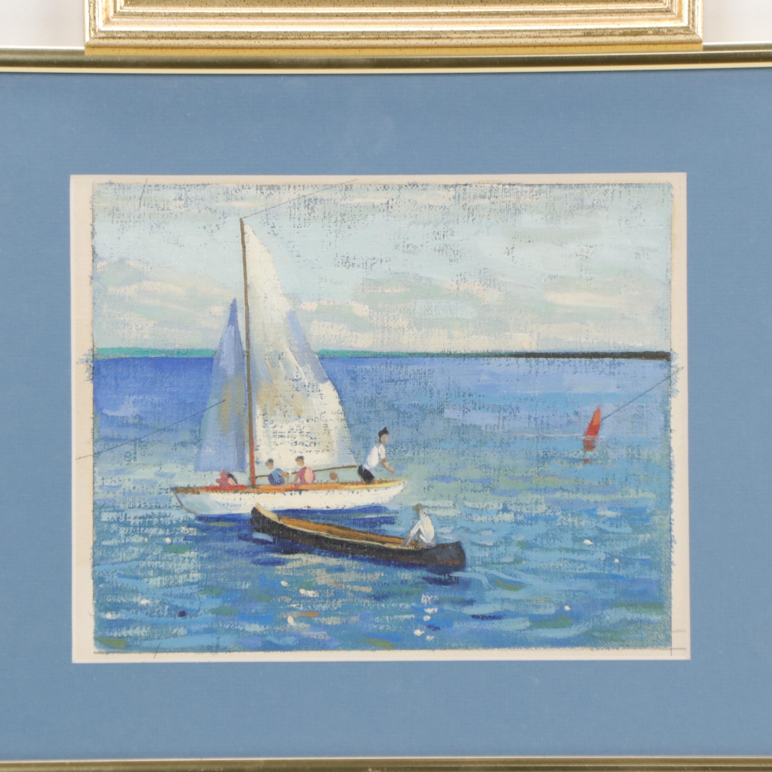 Seascape Oil Painting of Figures on Sailboat and Watercolor Painting of Ship