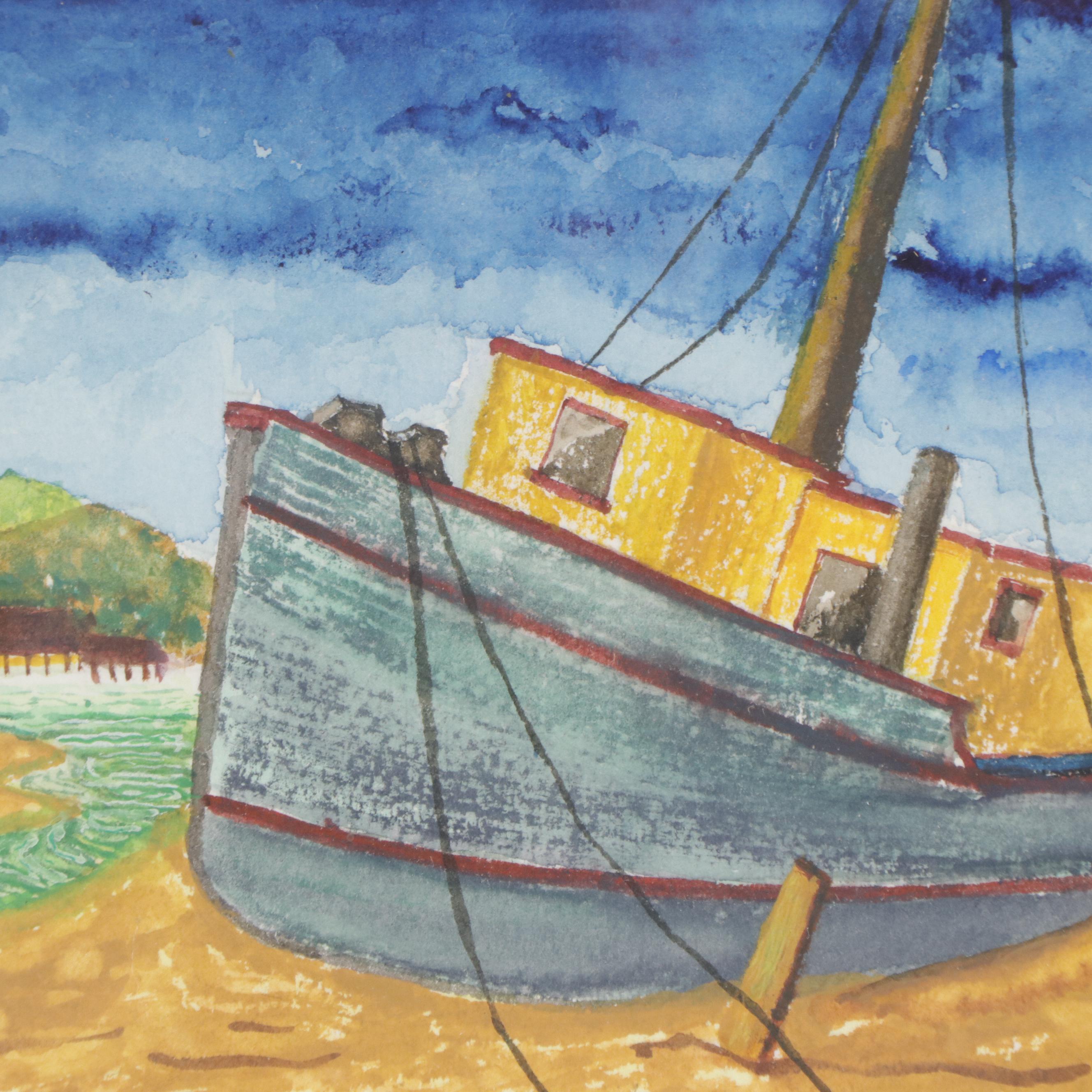 Seascape Oil Painting of Figures on Sailboat and Watercolor Painting of Ship