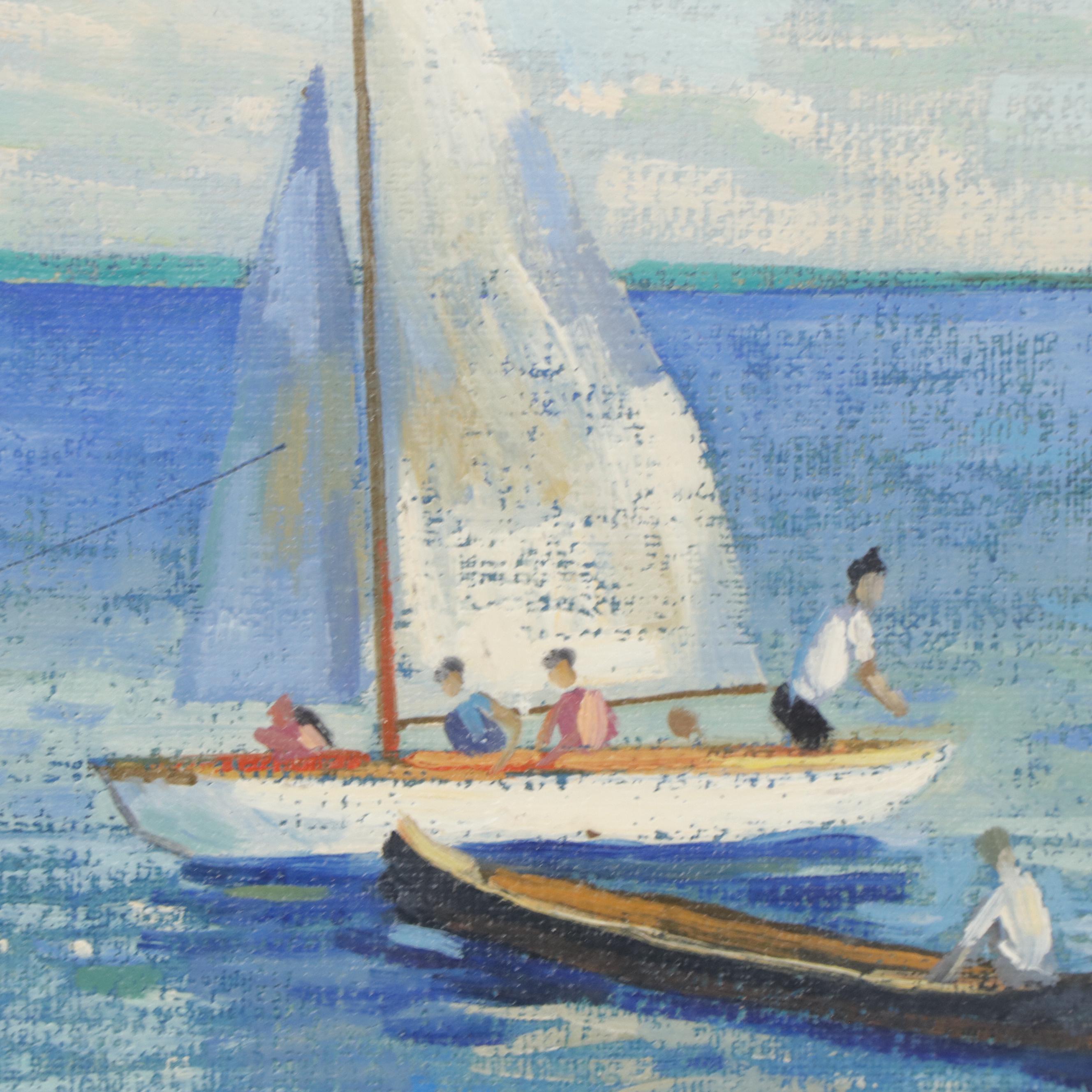 Seascape Oil Painting of Figures on Sailboat and Watercolor Painting of Ship