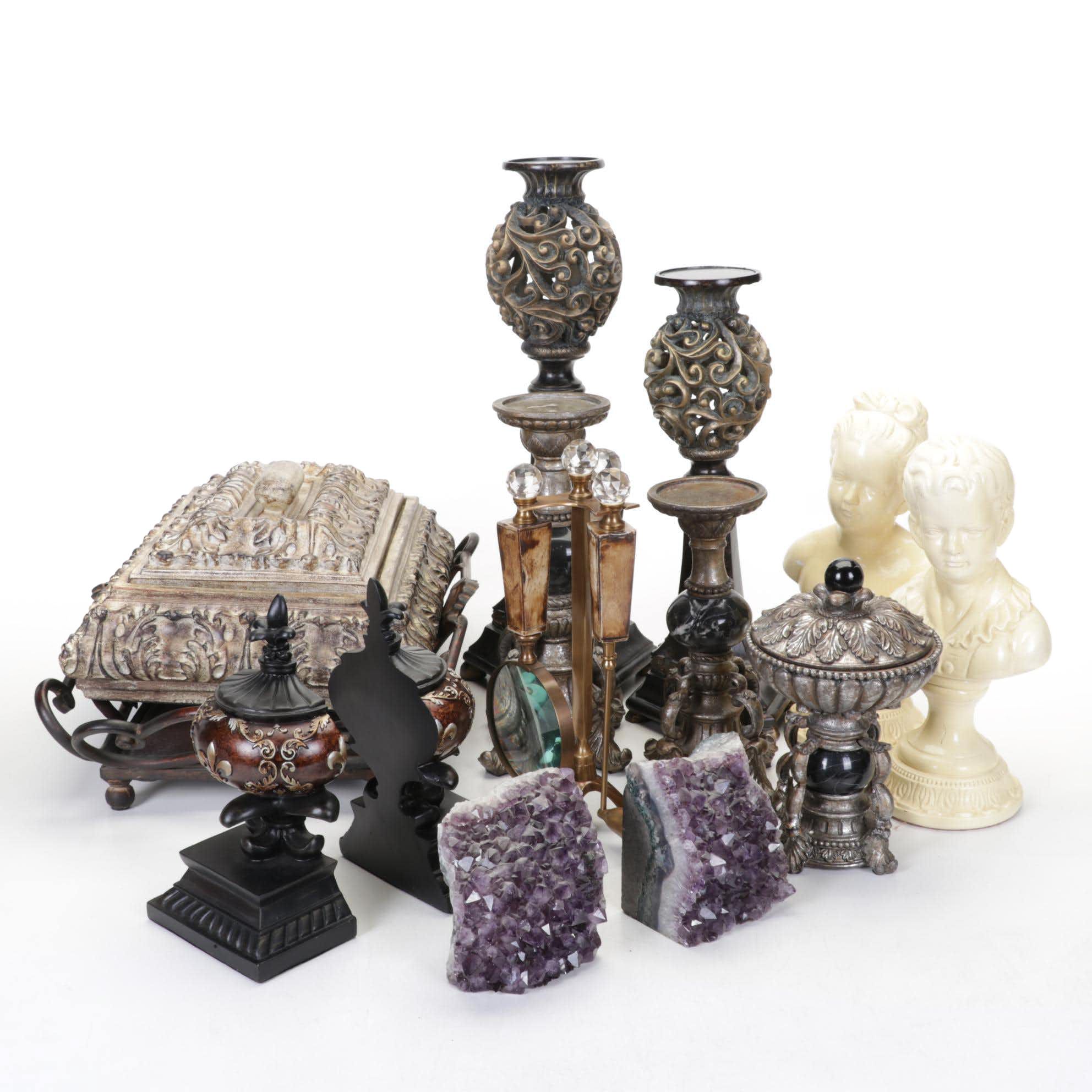 Amethyst Cluster Bookends, Brass and Bone Tool Carrier, and Other Office Decor