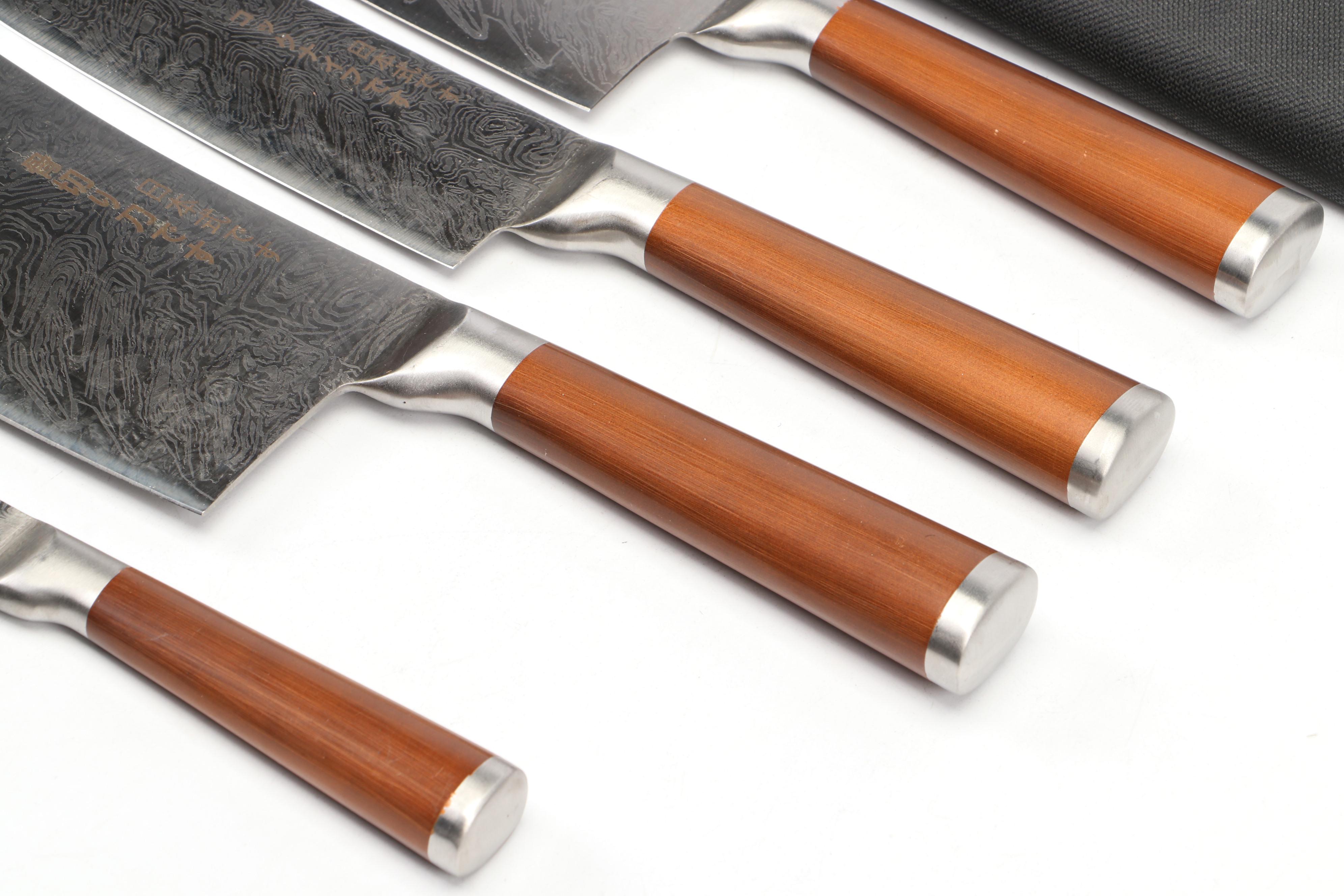 Japanese Four-Piece Chef's Knife and Cleaver Set in Nylon Roll Case